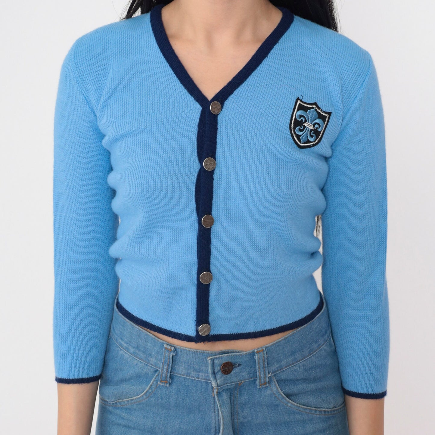 70s Blue Cropped Cardigan Fleur De Lis Patch Ribbed Knit XXS