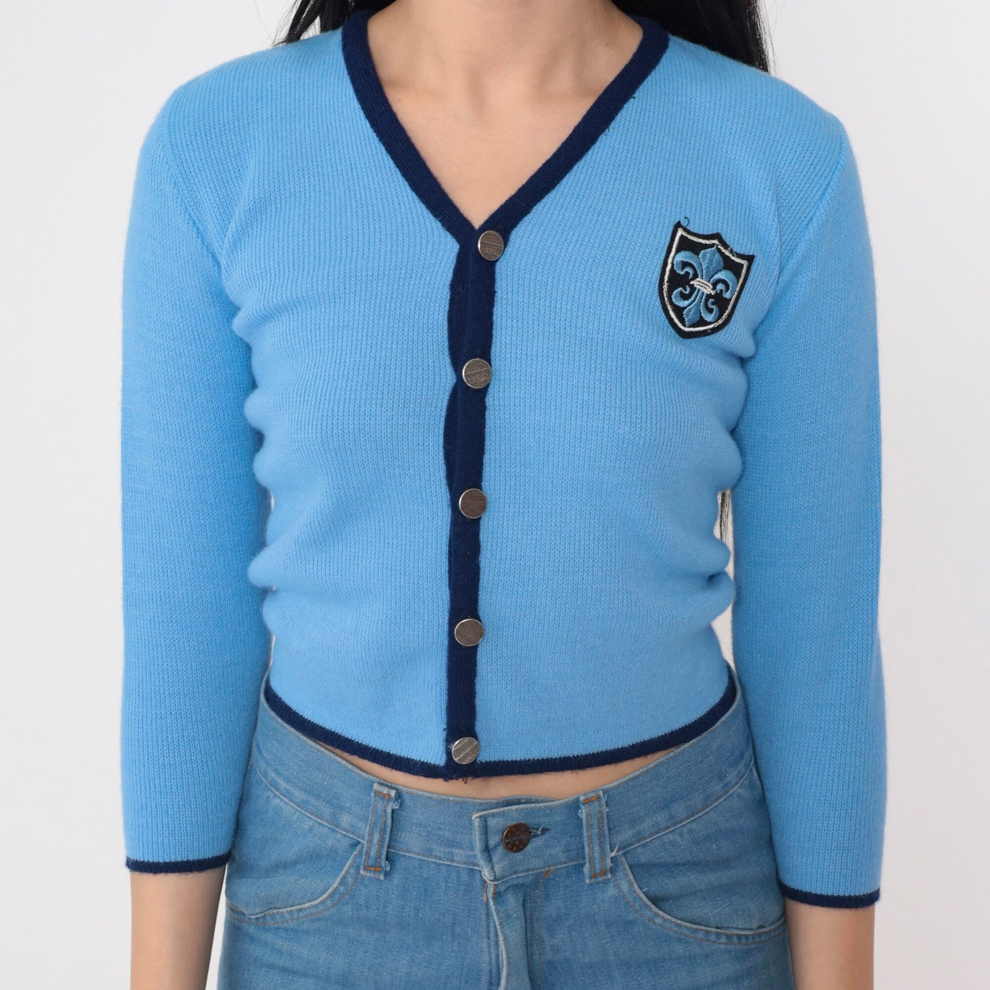 70s Blue Cropped Cardigan Fleur De Lis Patch Ribbed Knit XXS