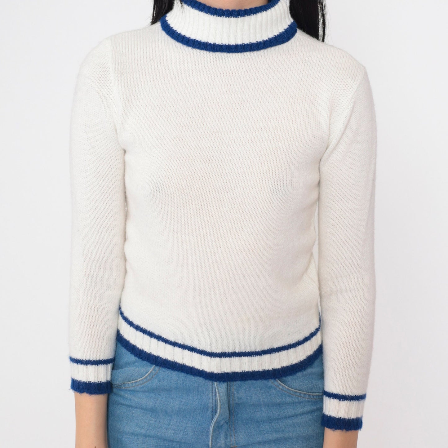 70s White Turtleneck Sweater Blue Striped Ringer Knit Cropped Extra Small