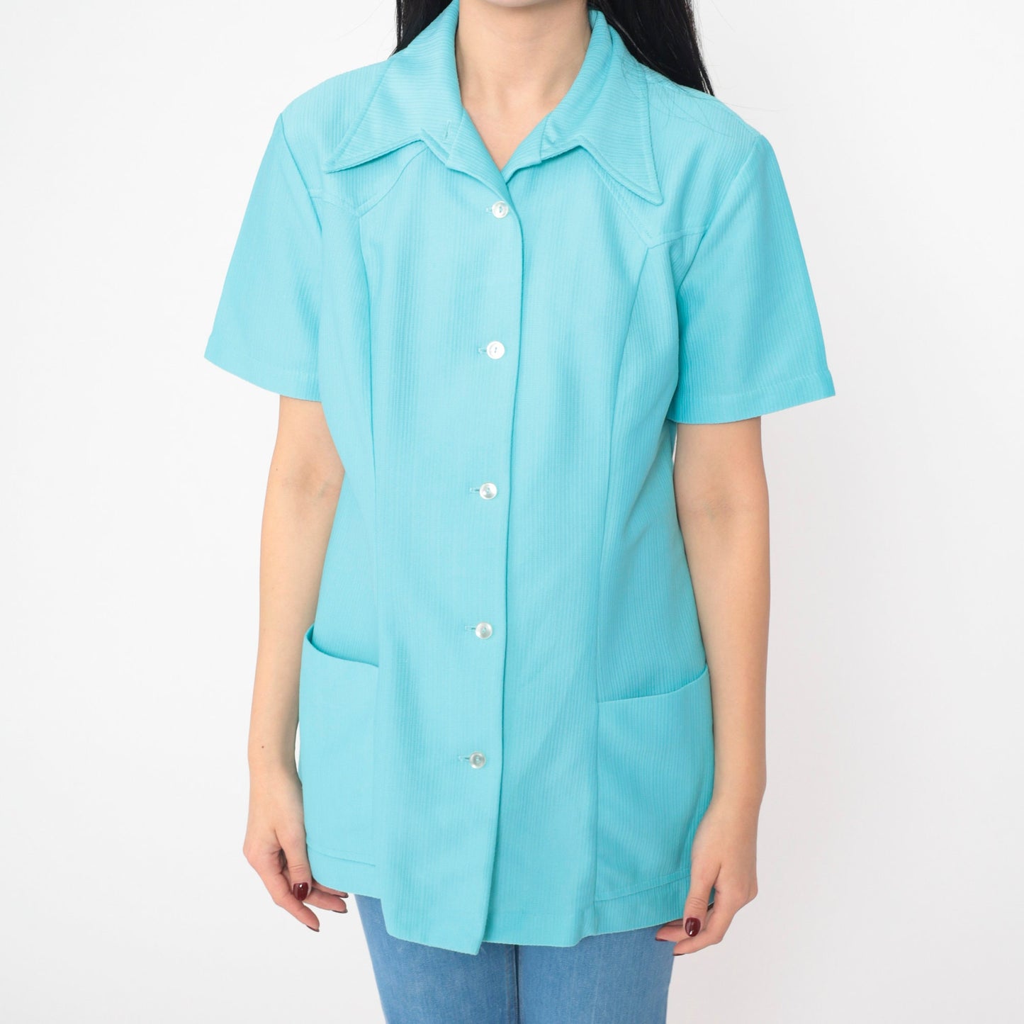 70s Blue Dagger Collar Button-Up Shirt Short Sleeve Longline Tunic Medium