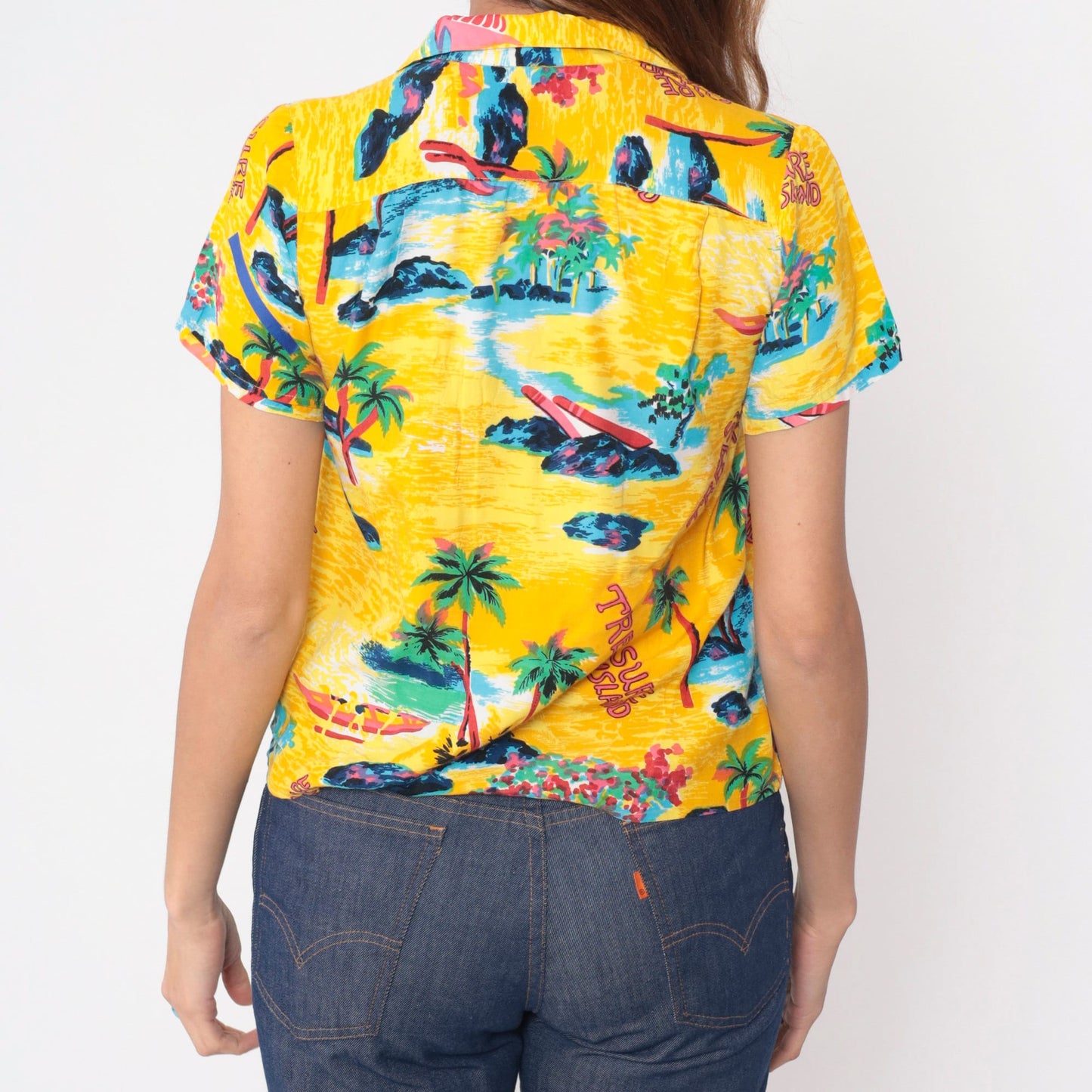 90s Sultra Tropical Shirt Yellow Palm Tree Sailboat Print Button Up Small