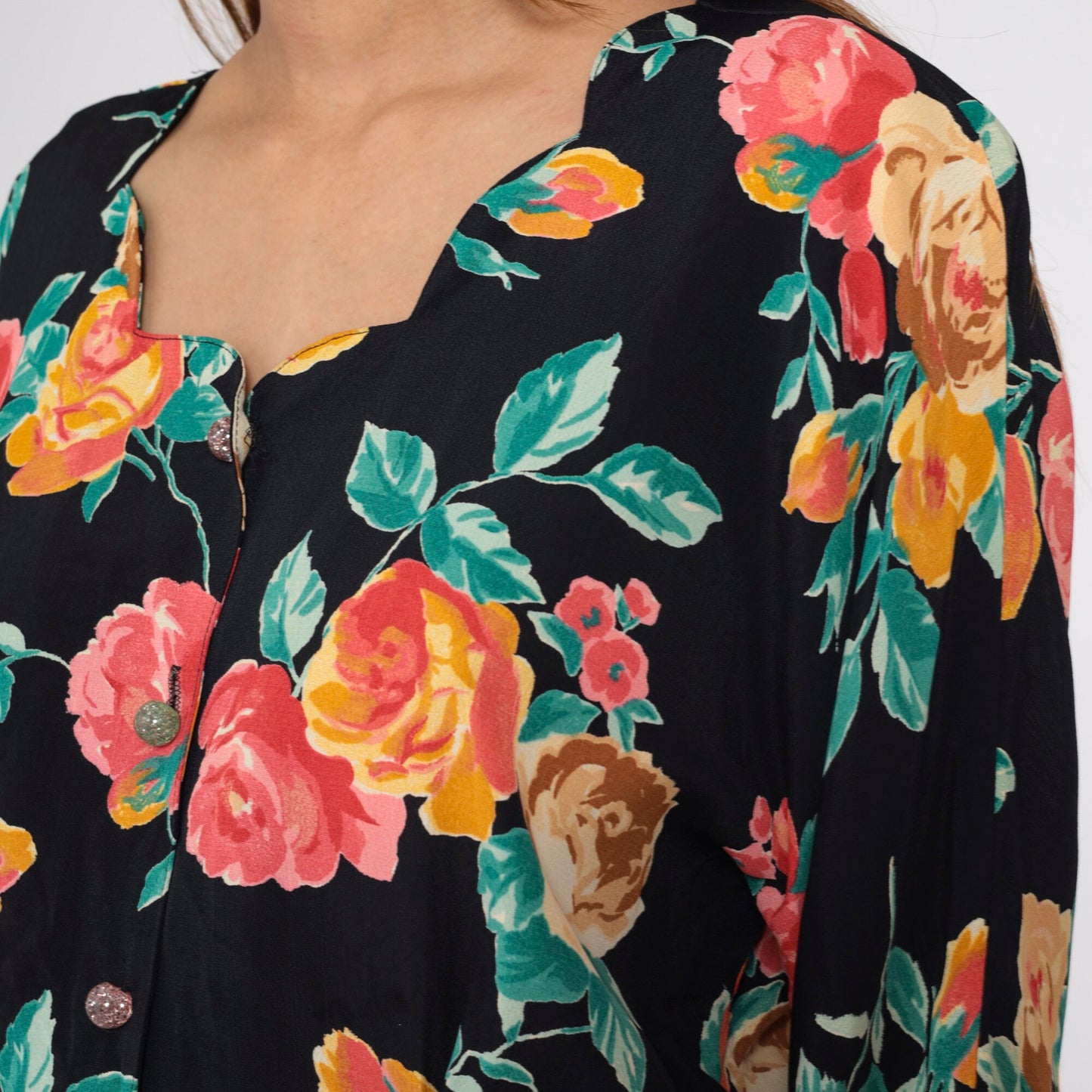 90s Carole Little Black Floral Button-Up Blouse Scalloped Neckline Medium