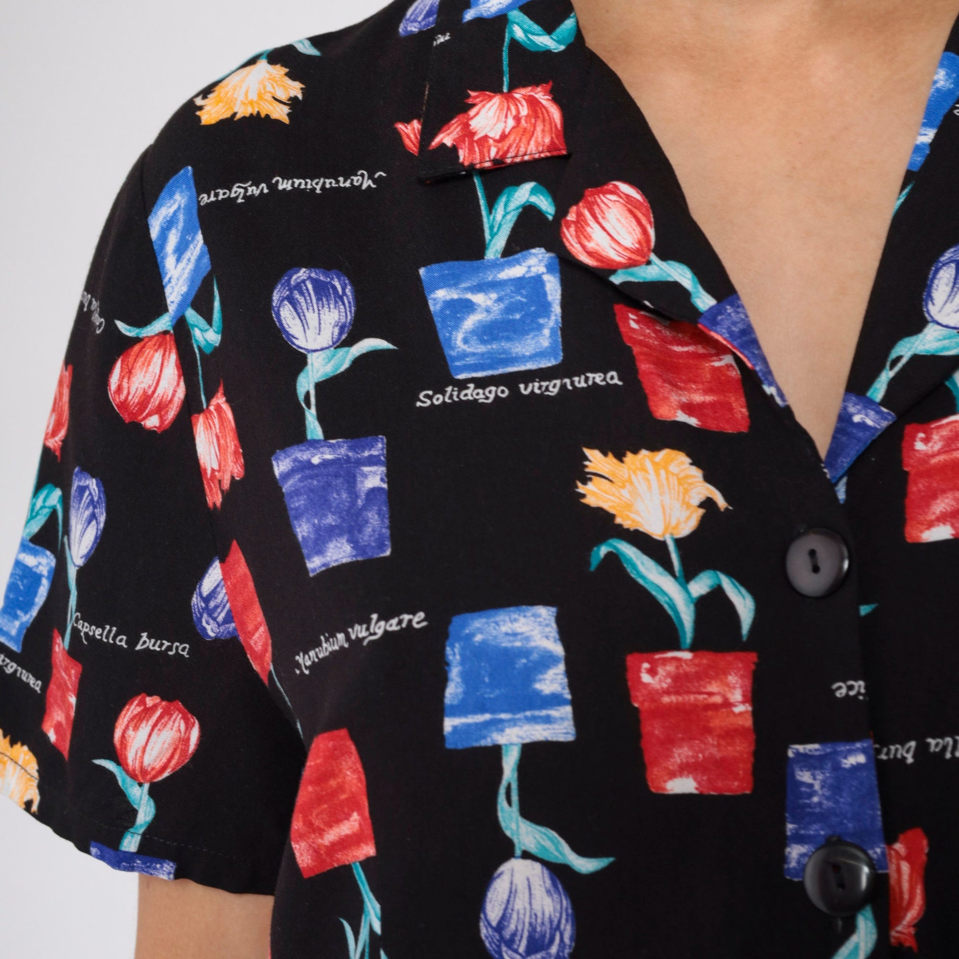 90s Floral Botanical Button-Up Blouse Flowerpot Tulip Print Shirt Large L