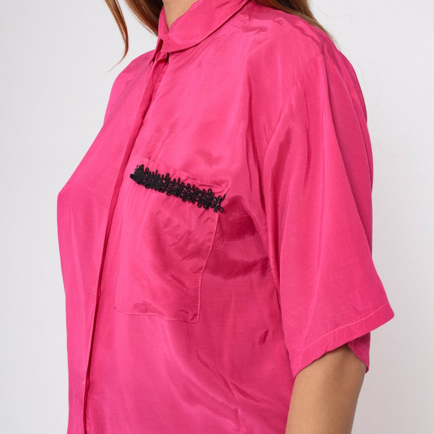 90s Hot Pink Button-Up Blouse Black Soutache Trim Short Sleeve Medium M