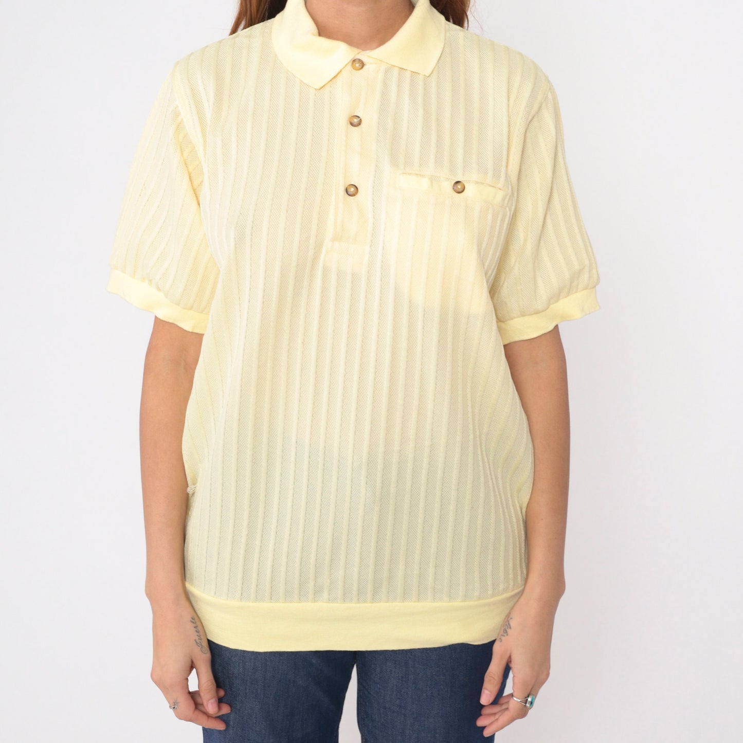 80s Light Yellow Polo Shirt Chest Pocket Banded Hem Men's Medium