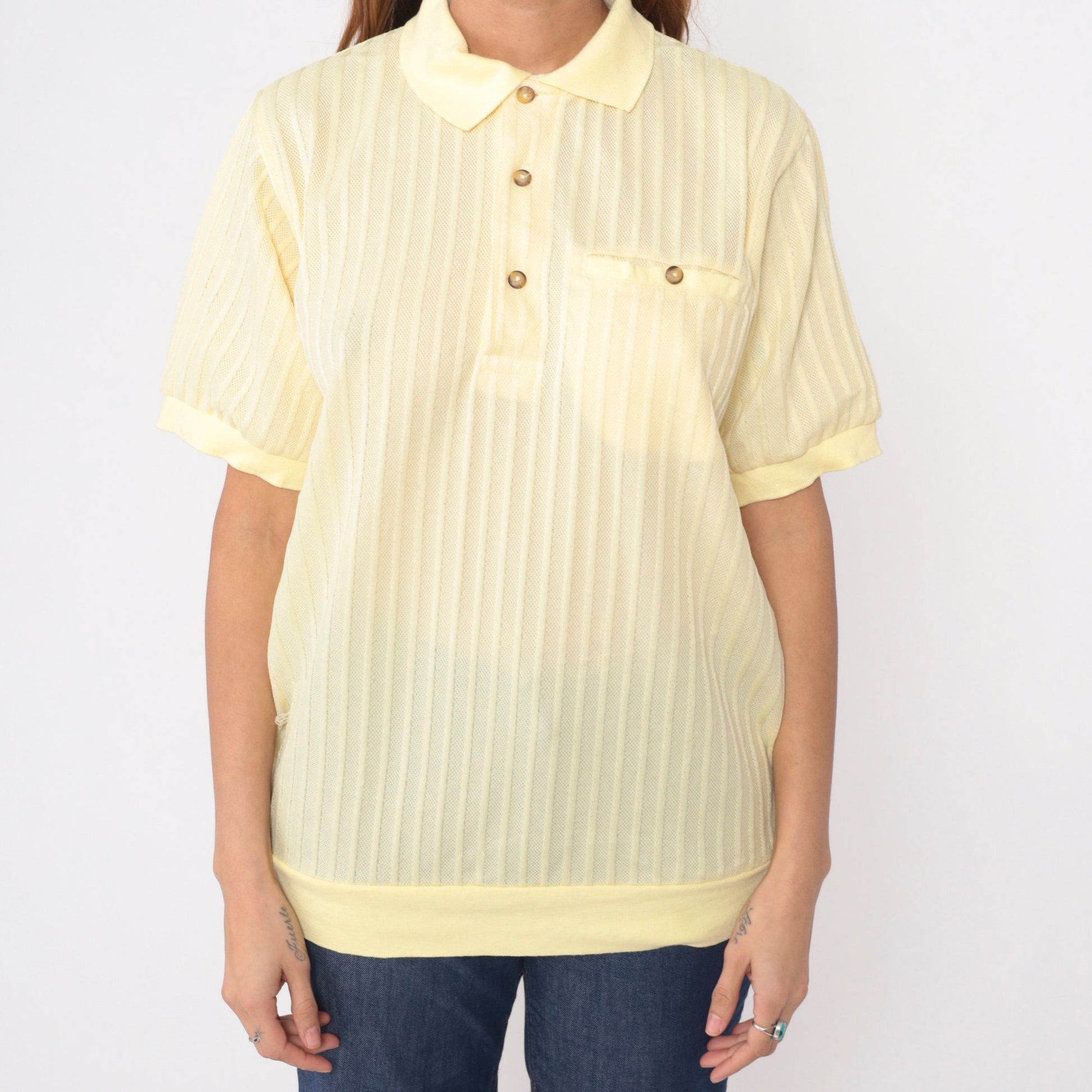 80s Light Yellow Polo Shirt Chest Pocket Banded Hem Men's Medium