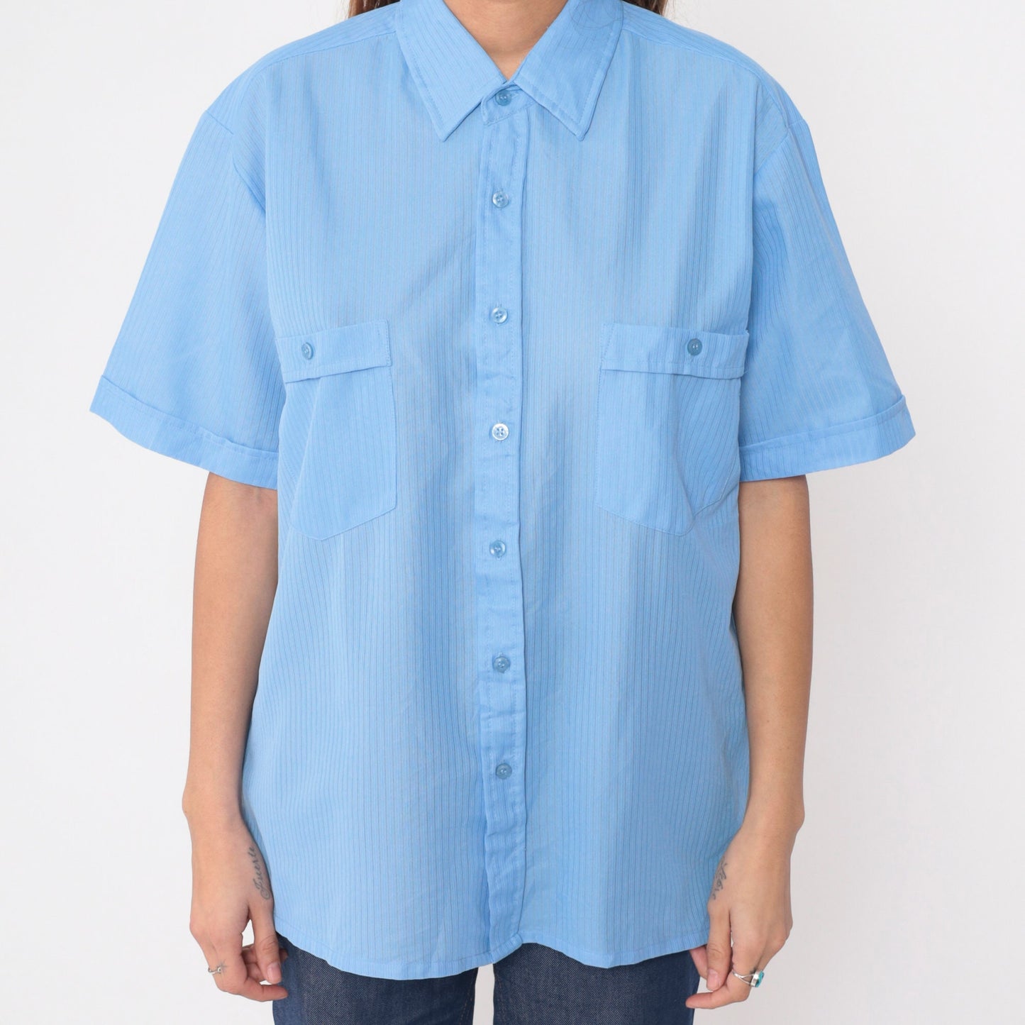 Y2K Haband Light Blue Striped Button Up Shirt Short Sleeve Men's Large L
