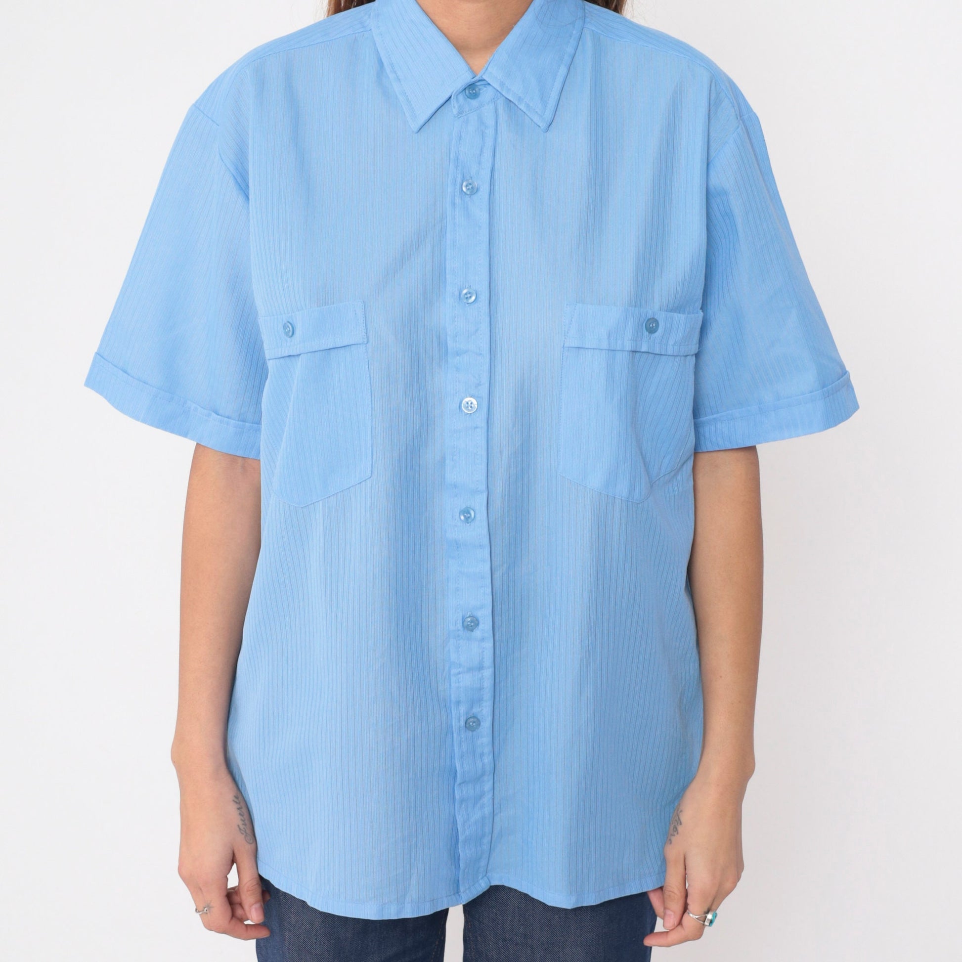 Y2K Haband Light Blue Striped Button Up Shirt Short Sleeve Men's Large L