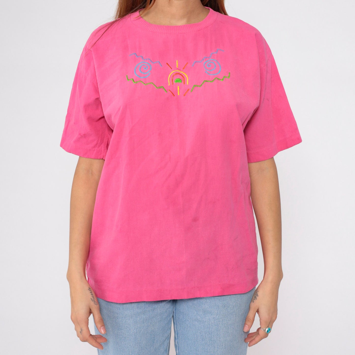 90s Peter Popovitch Embroidered Sun T-Shirt Hot Pink Abstract Tee Medium
