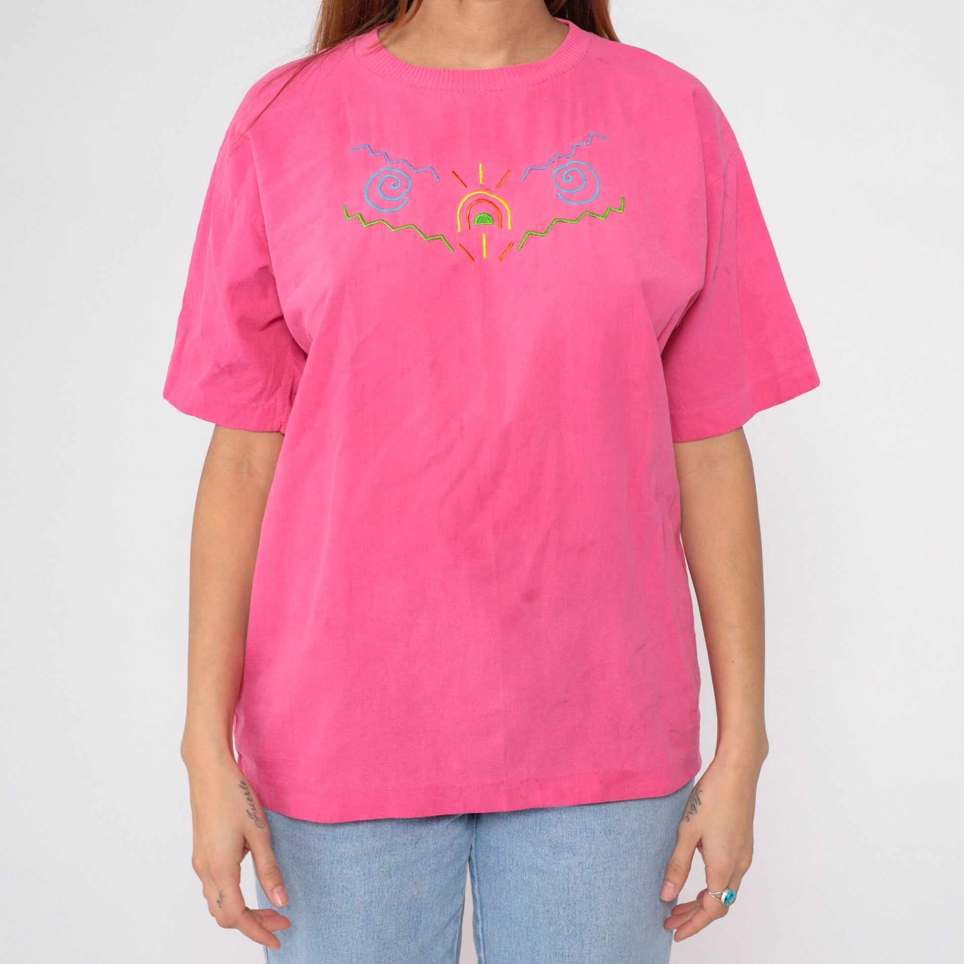 90s Peter Popovitch Embroidered Sun T-Shirt Hot Pink Abstract Tee Medium