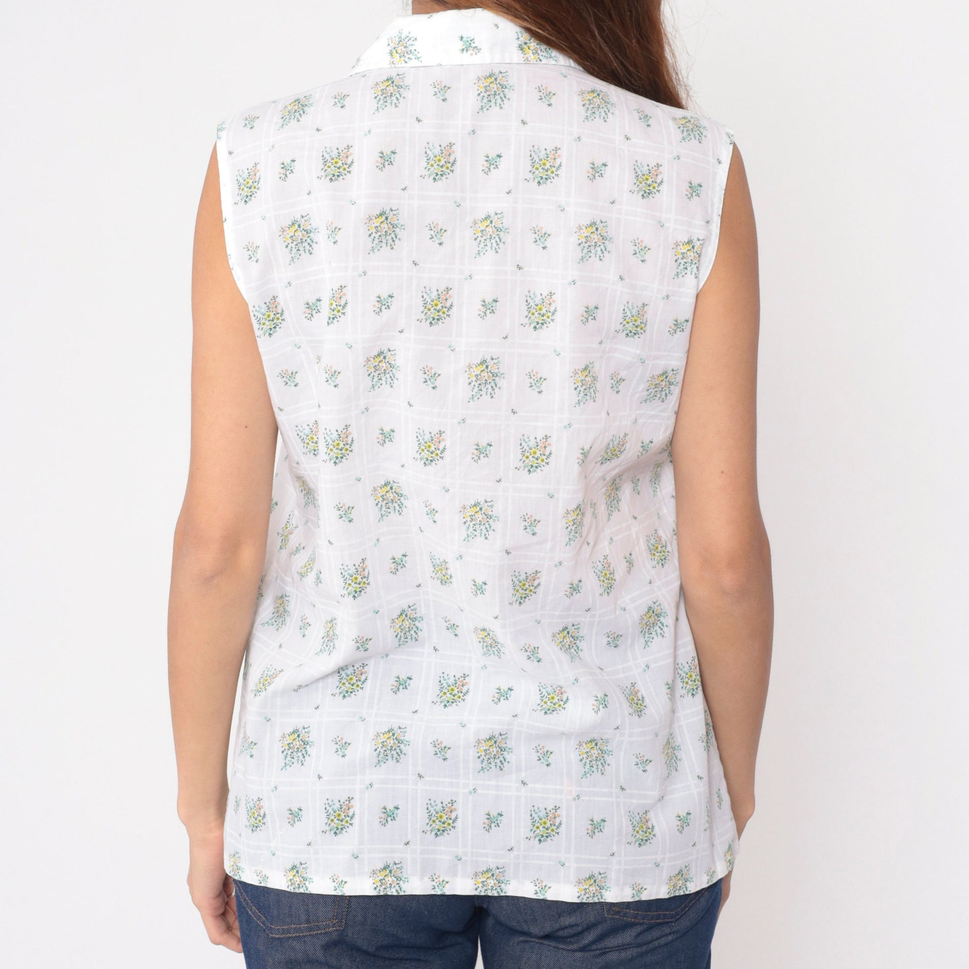 70s Floral Button-Up Tank Top White Wildflower Print Dagger Collar Medium