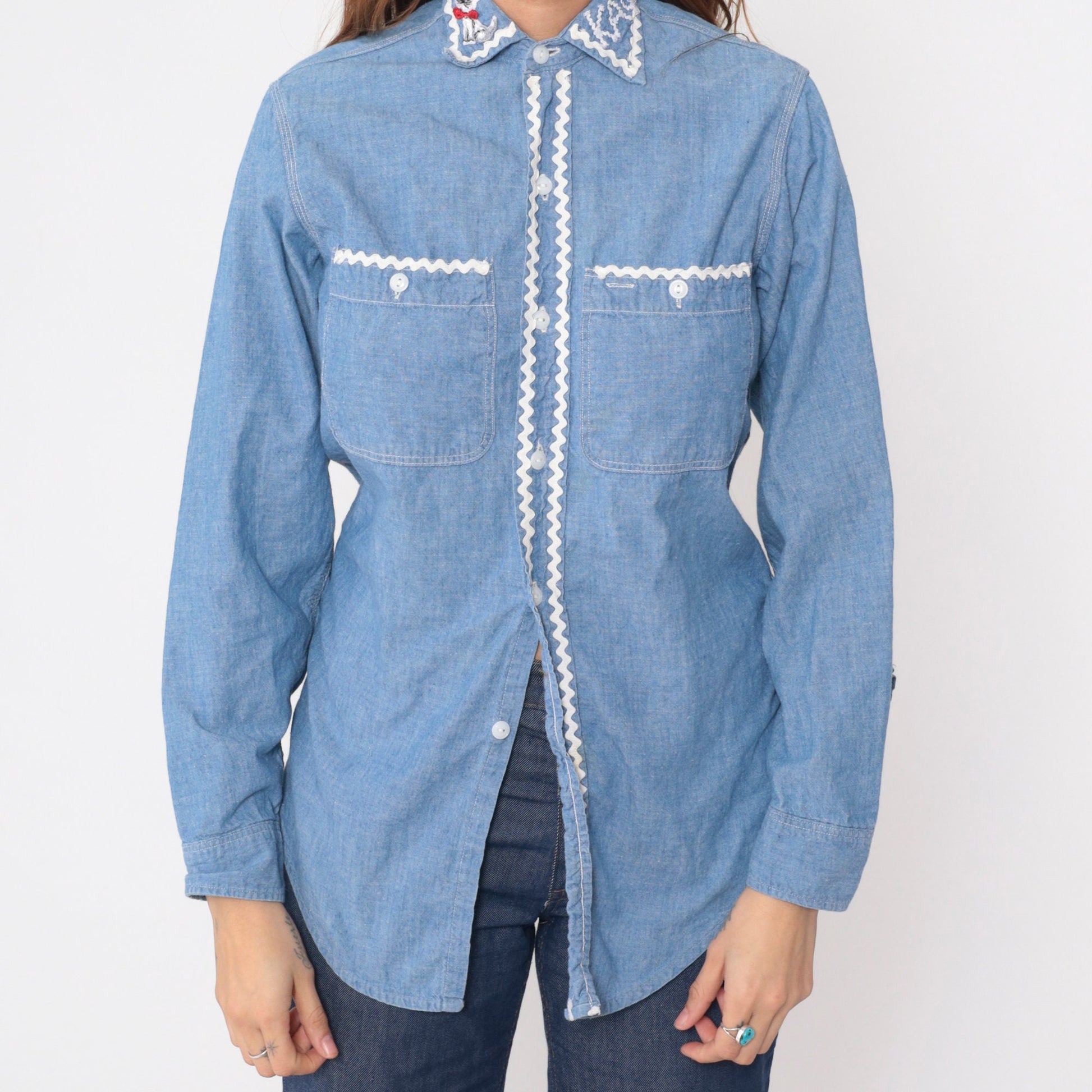 70s Big Mac Chambray Shirt Cat Kite Patch Button Up Blue Small