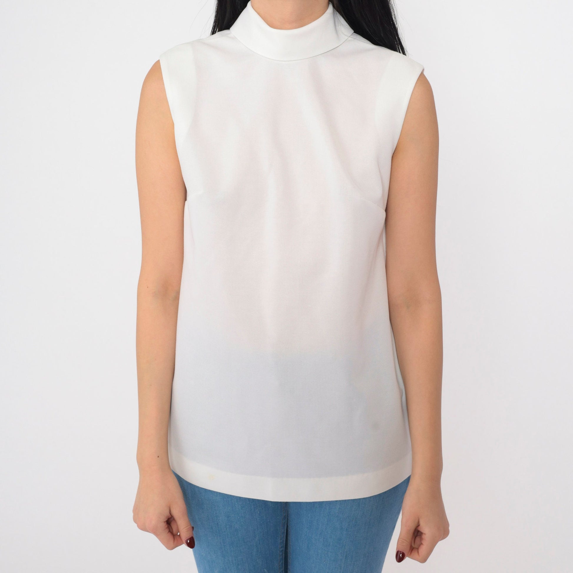 70s White Mock Neck Tank Top Semi-Sheer Sleeveless Blouse Small