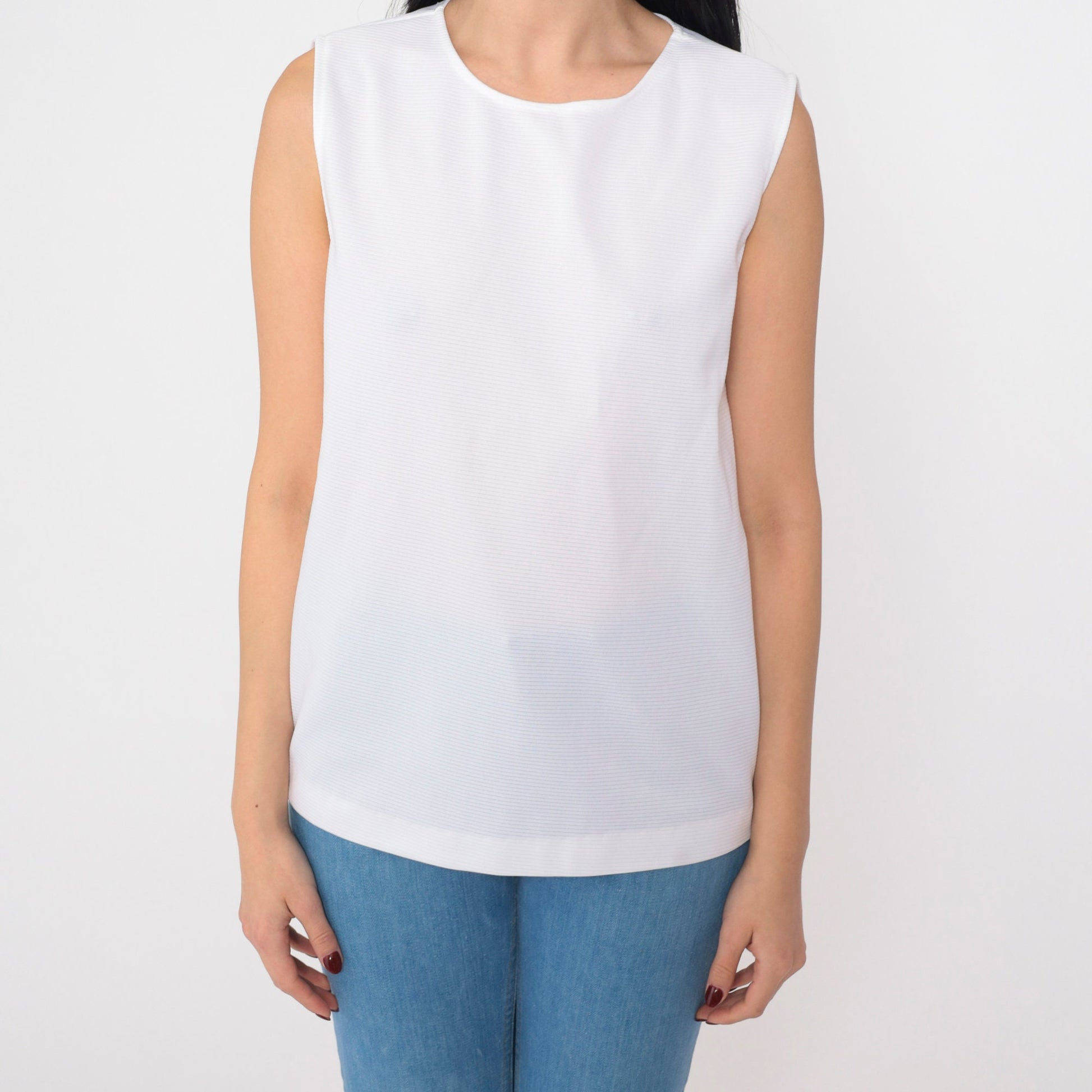 70s White Ribbed Tank Top Semi-Sheer Round Neckline Small Medium