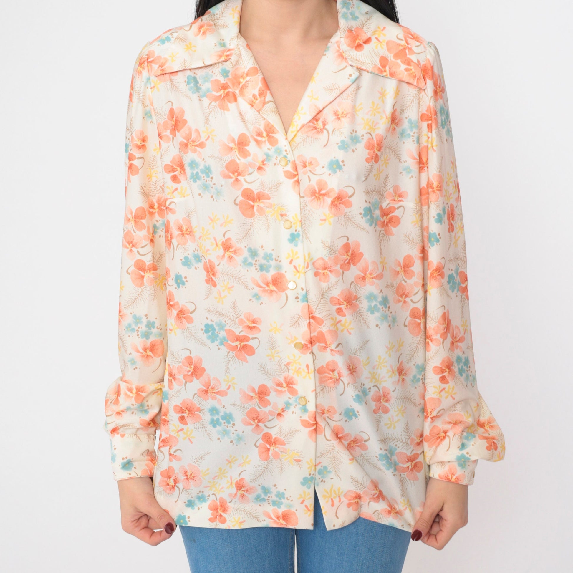 70s Floral Button-Up Blouse Off-White Orange Orchid Long Sleeve Collared Shirt Medium