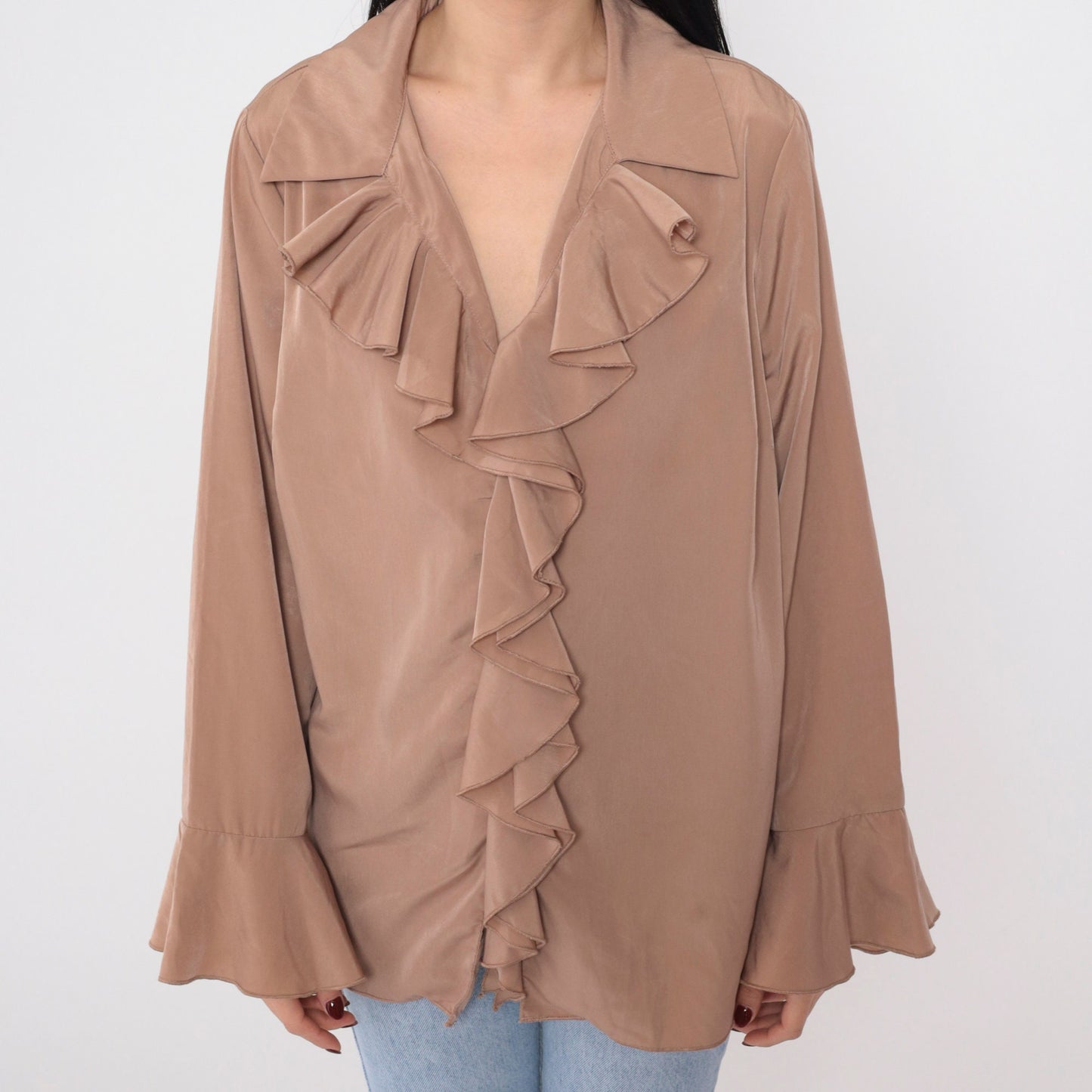 90s Cocoa Brown Ruffled V-Neck Blouse Long Bell Sleeve Vintage Poet Top Large L