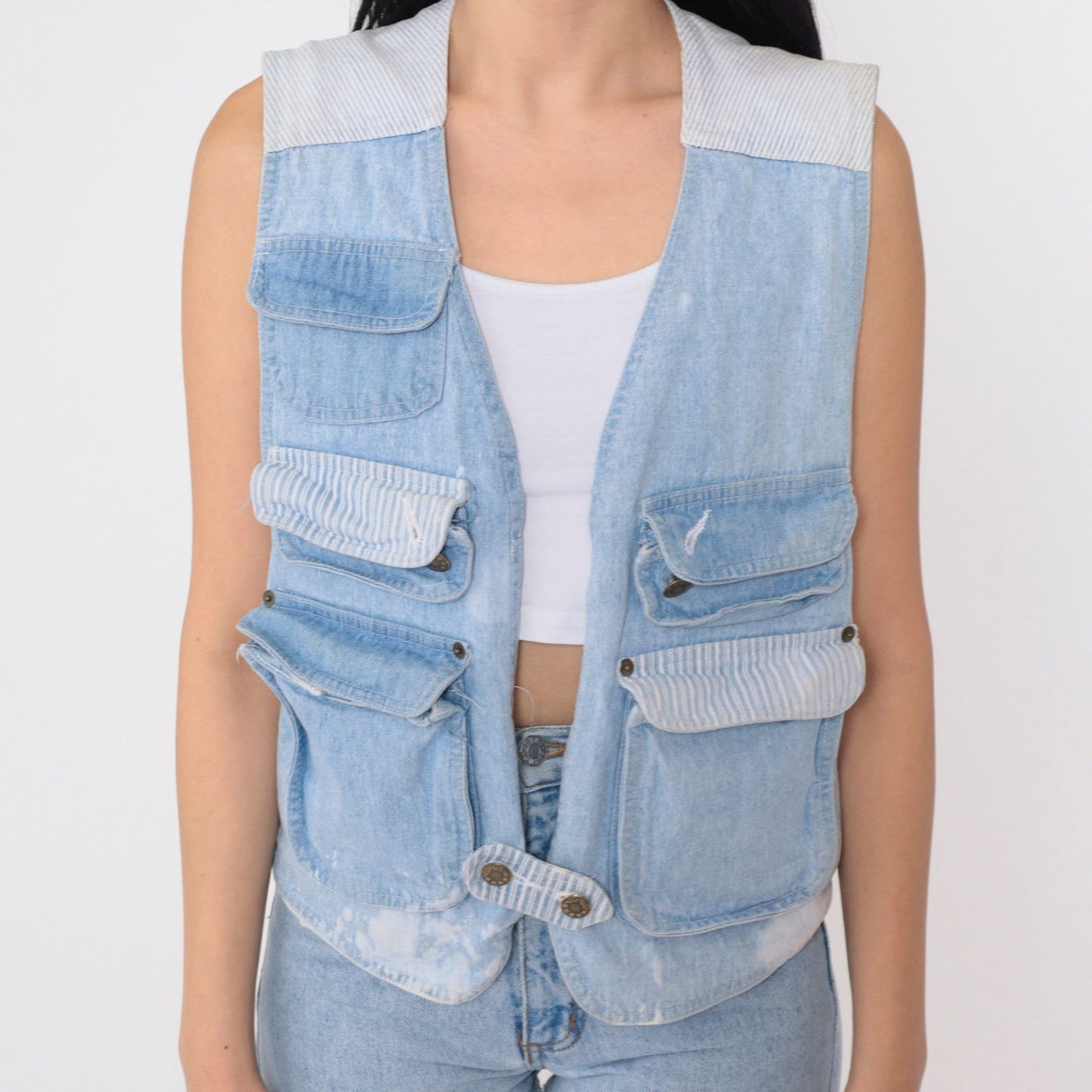 90s Blue Denim Cargo Vest Striped Button-Up Sleeveless Small S
