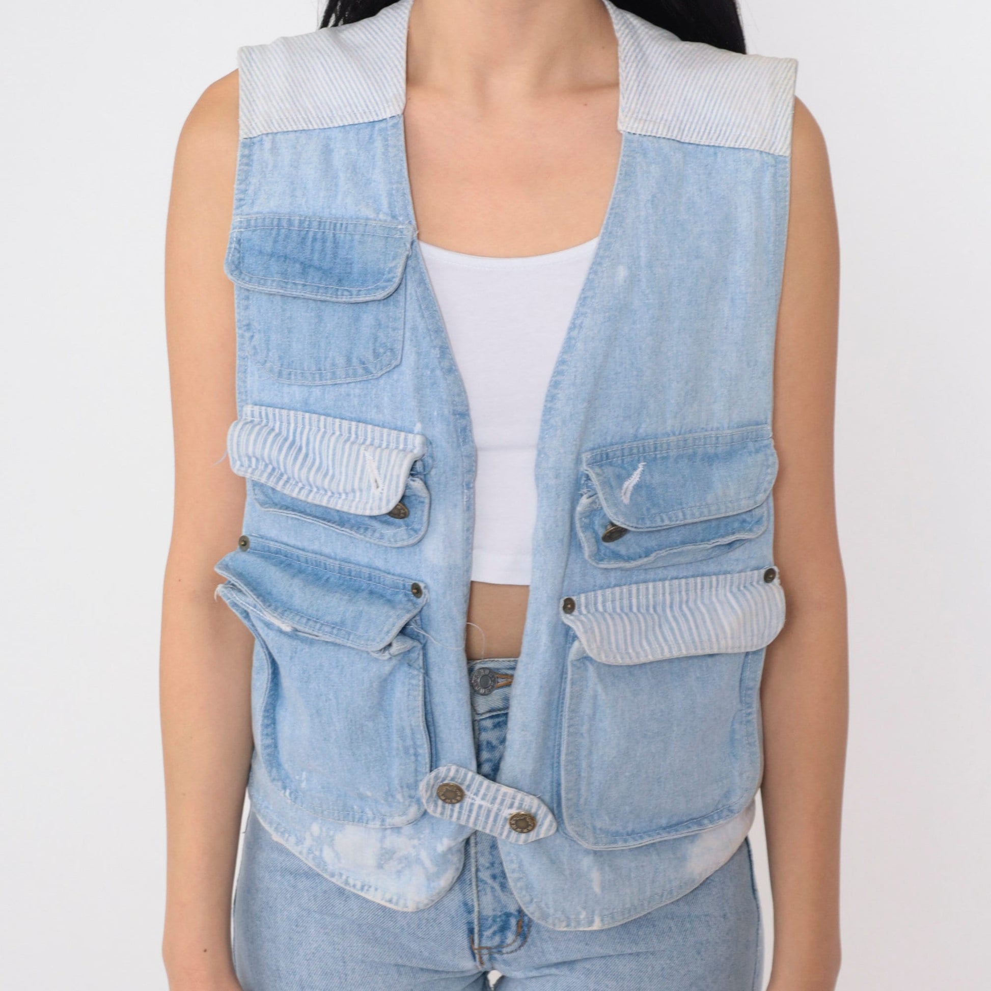 90s Blue Denim Cargo Vest Striped Button-Up Sleeveless Small S