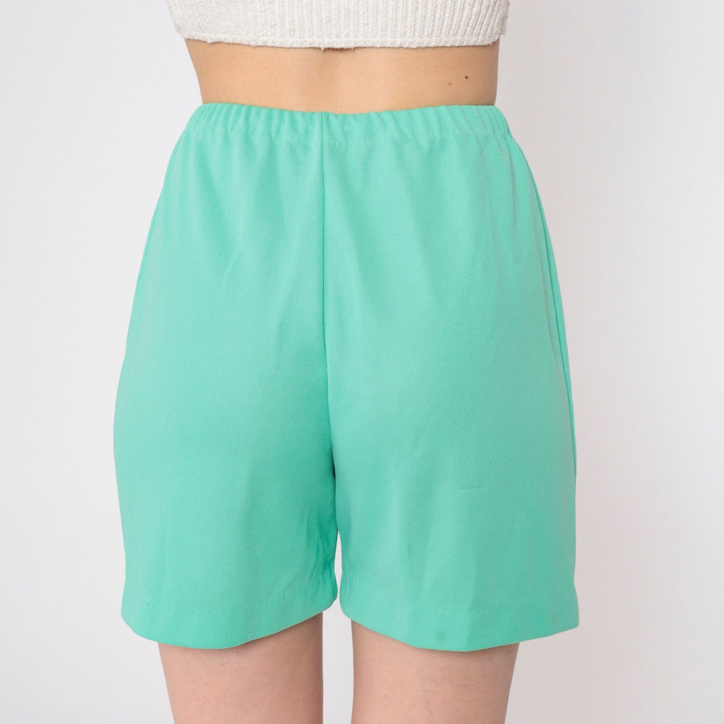 70s Seafoam Green High-Waist Shorts Creased Front Elastic Waist Small