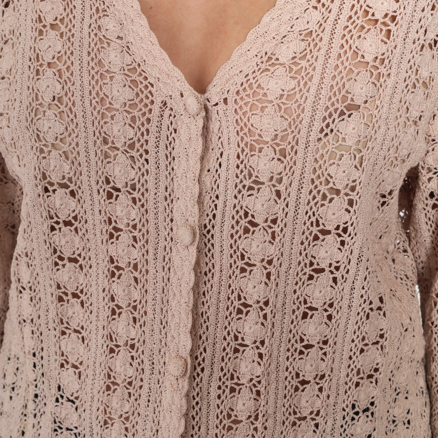 90s Blush Beige Crochet Cardigan Floral Cutout Cotton Knit Large