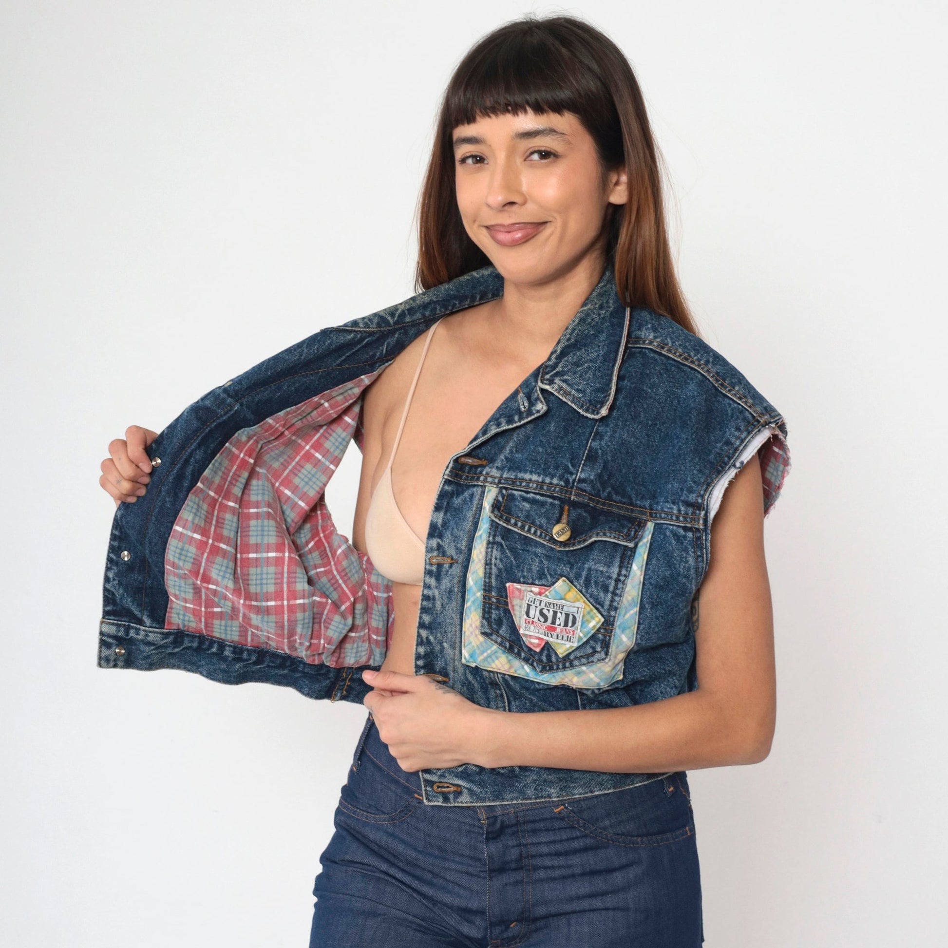 90s Denim Vest Plaid Patchwork Cutoff Blue Jean Sleeveless Medium