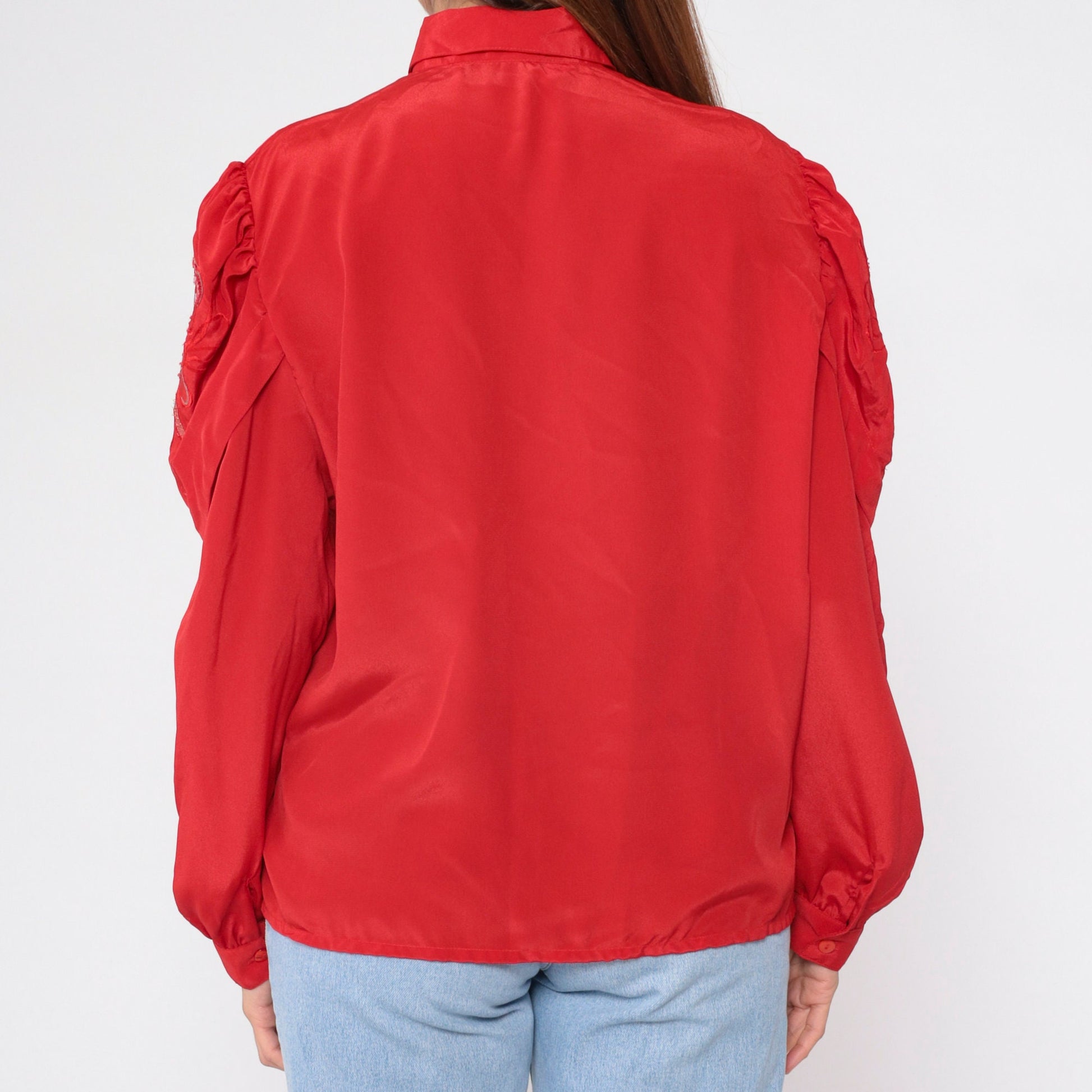 90s Red Sequin Embroidered Button-Up Blouse Puff Sleeve Large L