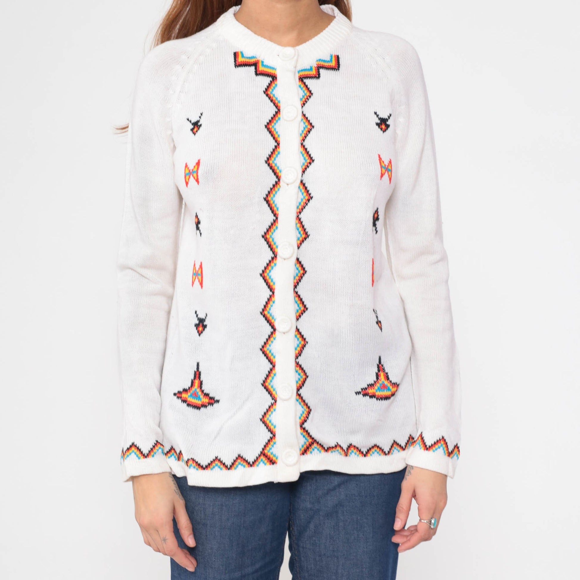 60s White Geometric Zig Zag Cardigan Raglan Sleeve Knit Small