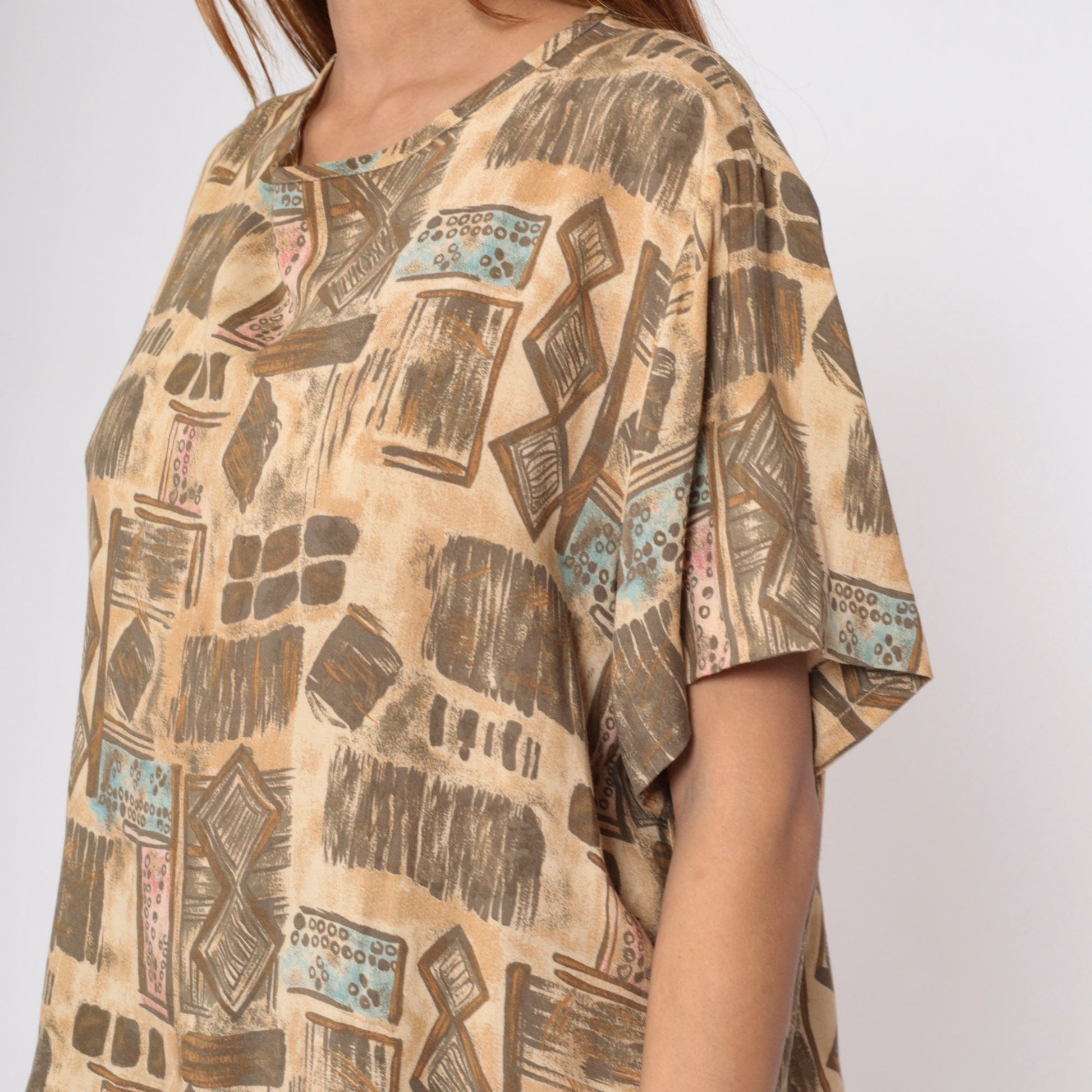 90s Sag Harbor Geometric Abstract Blouse Tan Short Sleeve Extra Large XXL