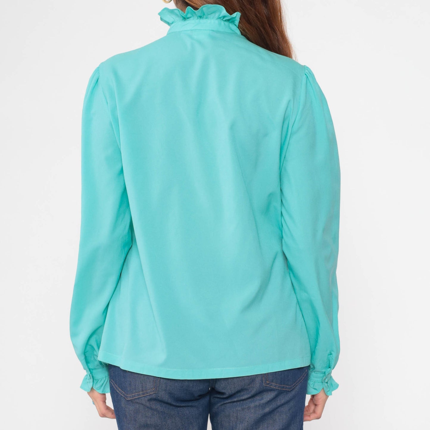 70s Pykettes Turquoise Puff Sleeve Button-Up Blouse Ruffled High Neck Medium