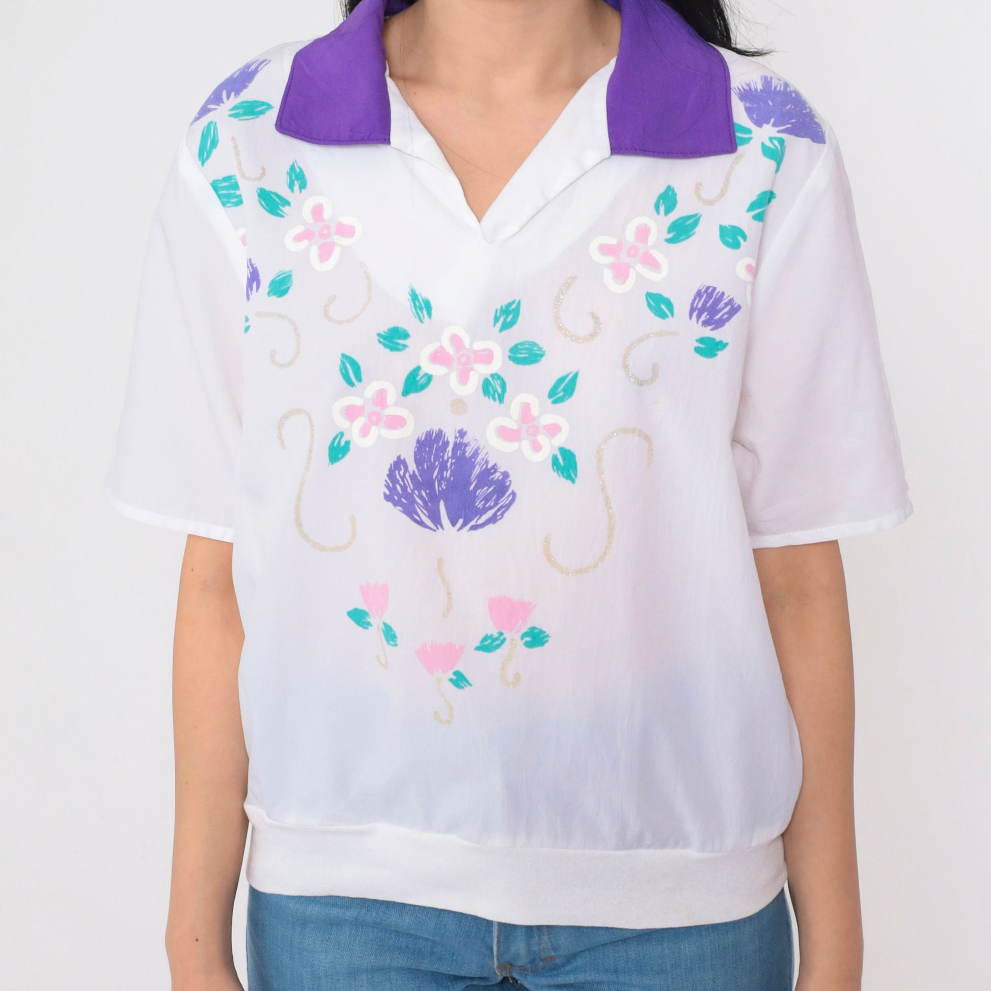80s White Glitter Floral Shirt Purple Collar Short Sleeve Polo Top Medium