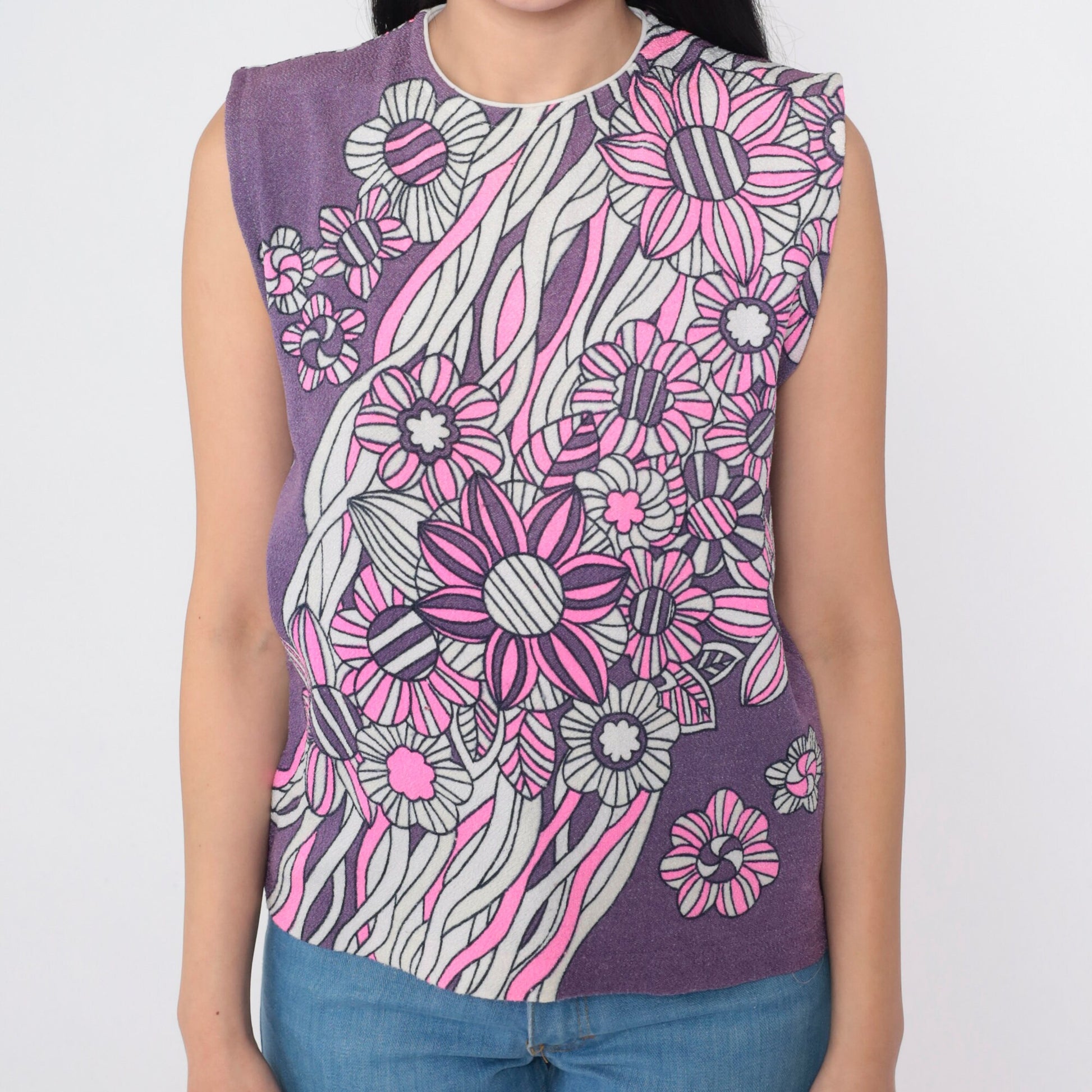 70s Purple Floral Tank Top Mod Flower Print Sleeveless Blouse Medium