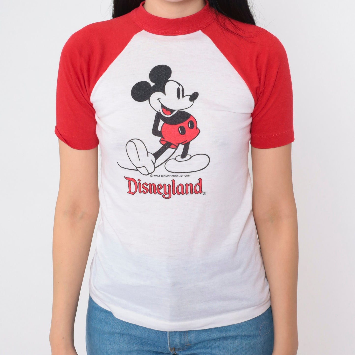 80s Disneyland Mickey Mouse Raglan T-Shirt White Red Graphic Cotton Extra Small XS
