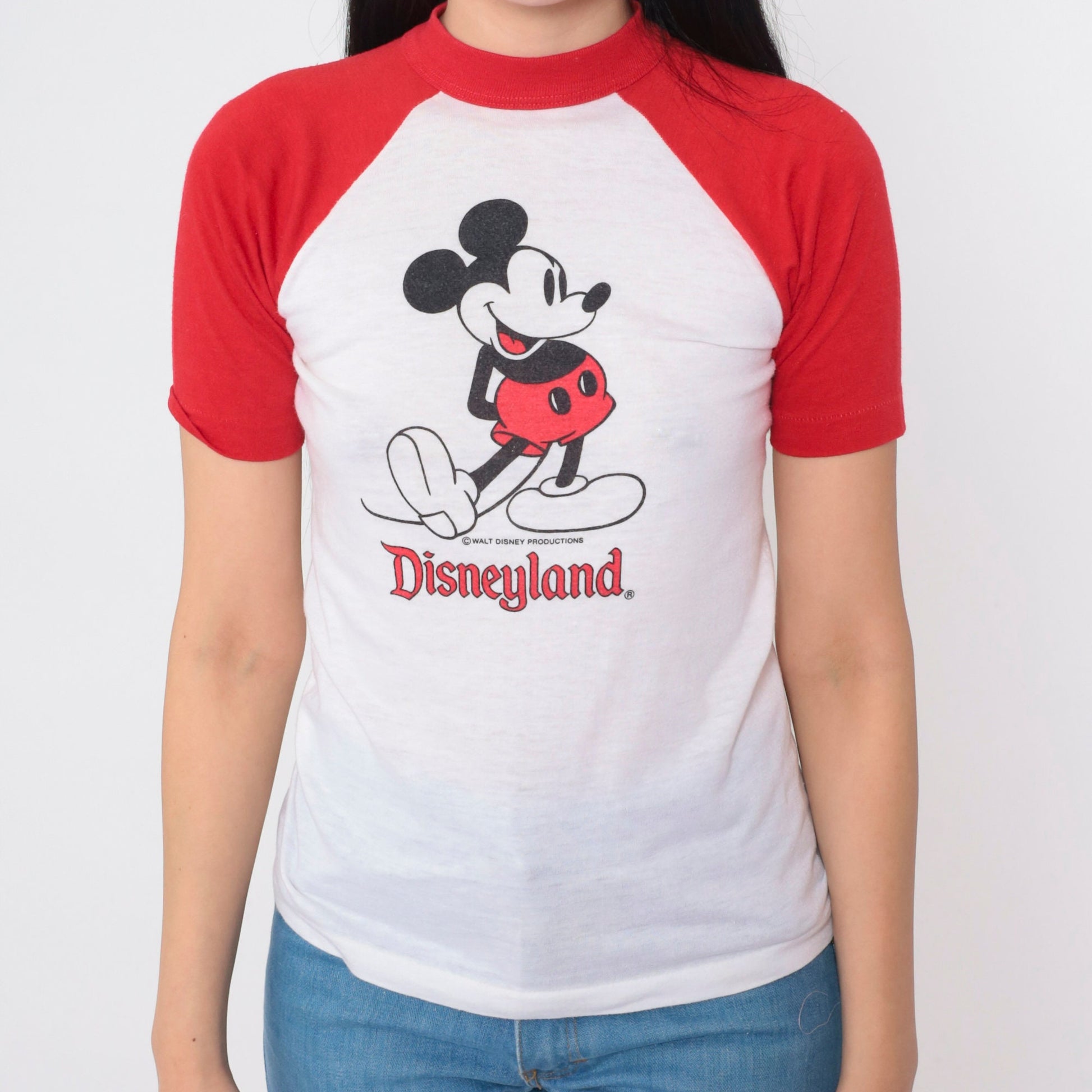 80s Disneyland Mickey Mouse Raglan T-Shirt White Red Graphic Cotton Extra Small XS