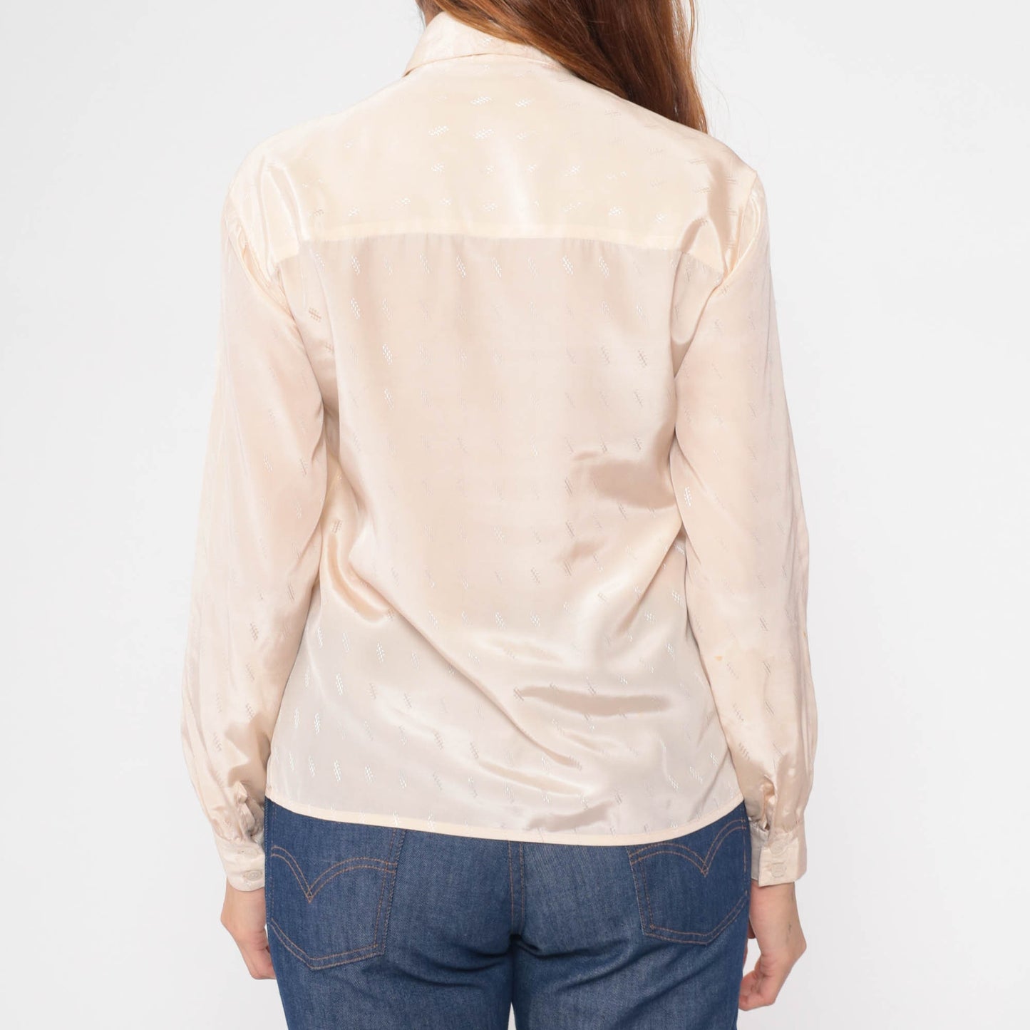 80s Cream Embossed Geometric Button-Up Blouse Long Sleeve Collared Shirt Small