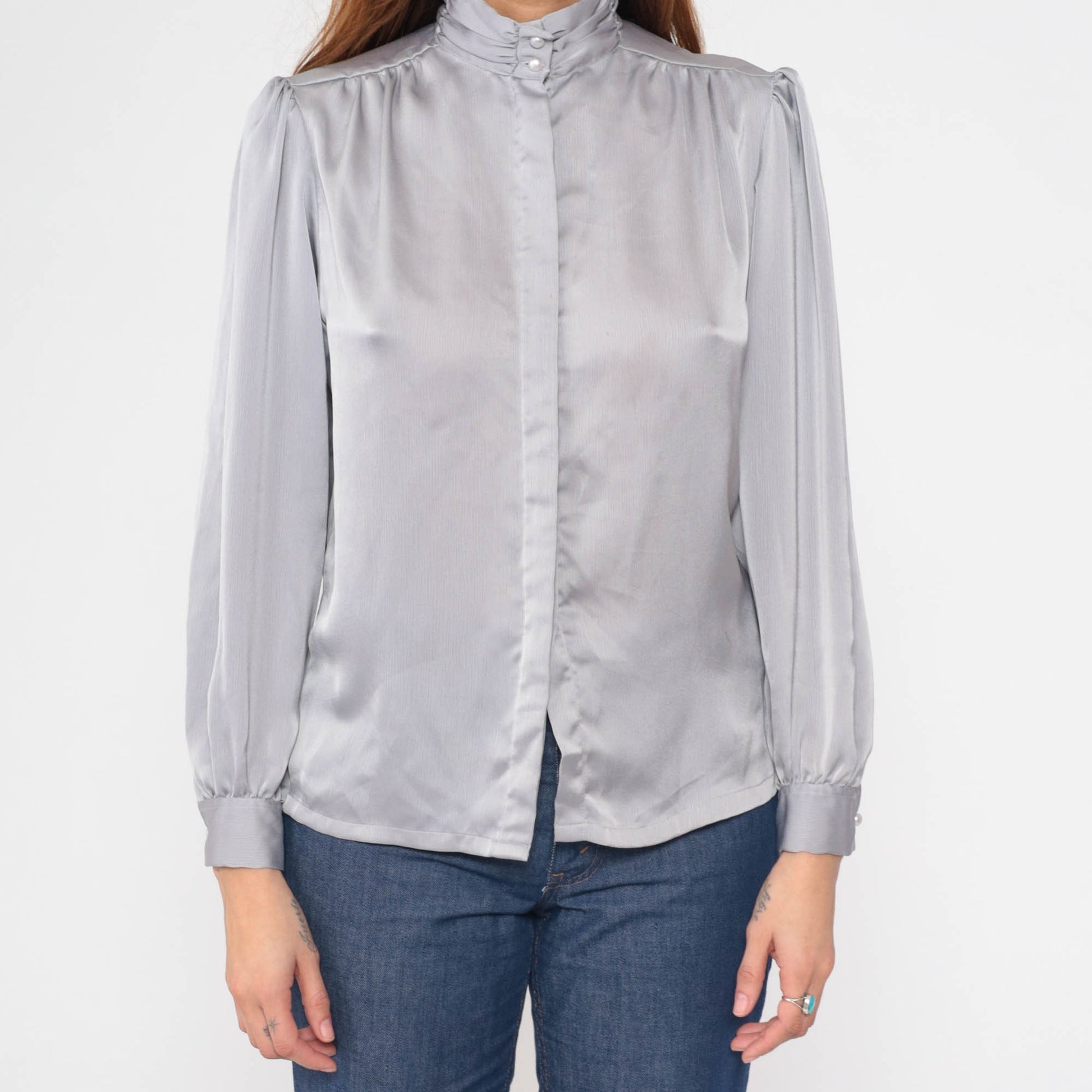 80s Silver Grey Puff Sleeve Blouse Pearl Button Mock Neck Medium
