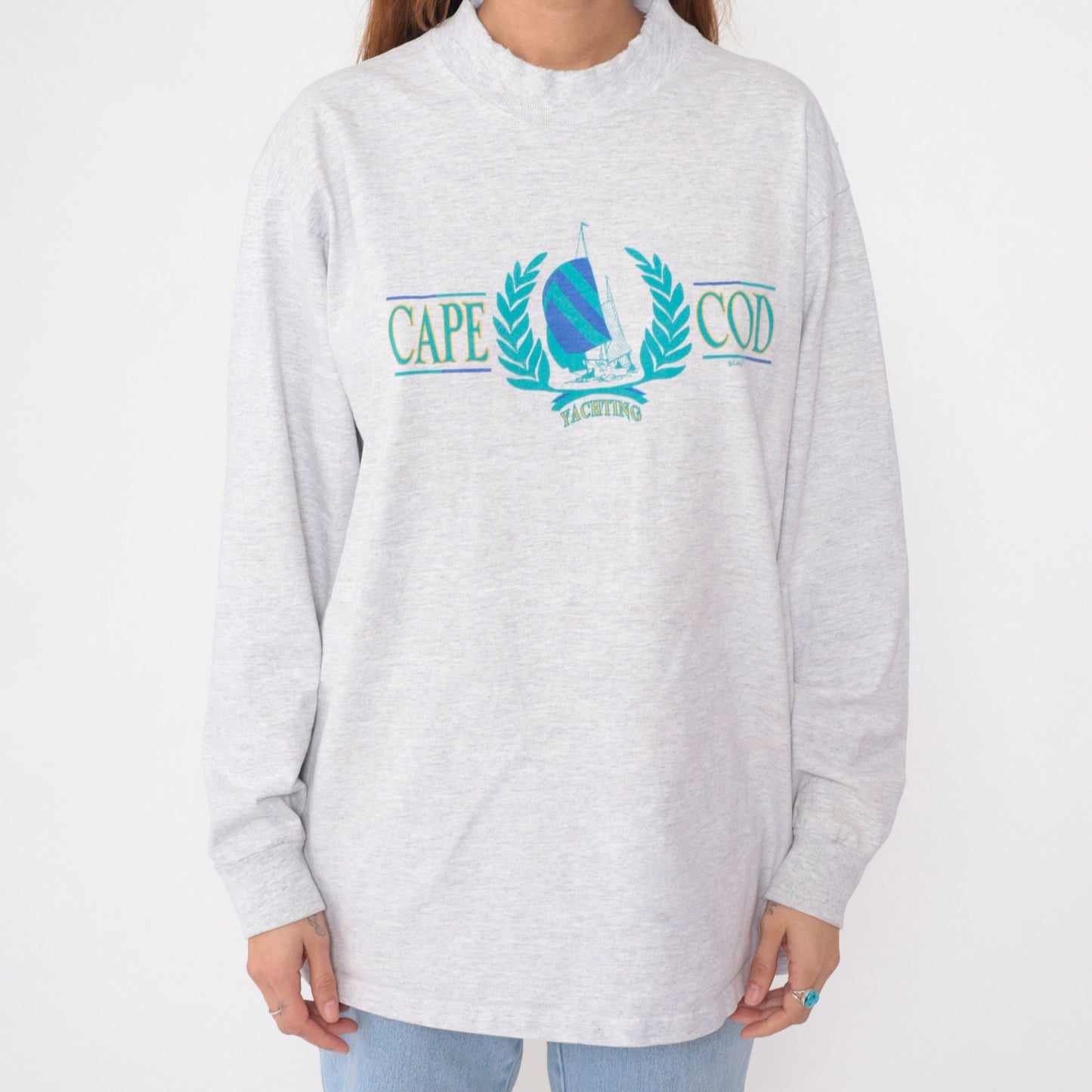 90s Cape Cod Yachting Graphic Long Sleeve Tee Heather Grey Cotton Extra Large