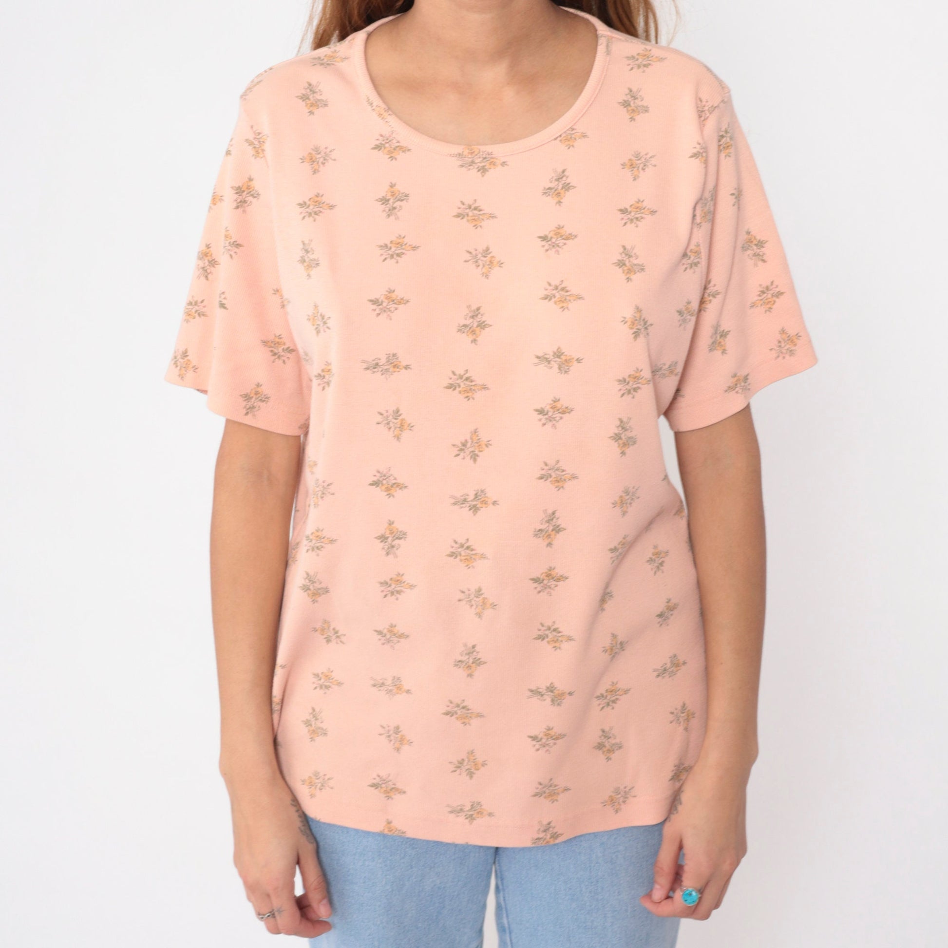 90s White Stag Peach Floral Graphic T-Shirt All Over Print Medium Large