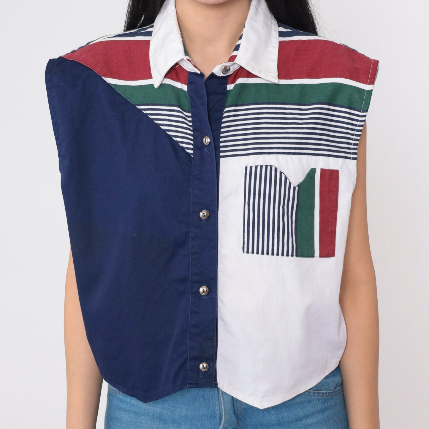 90s Banjo Striped Color Block Tank Top White Navy Collared Large L