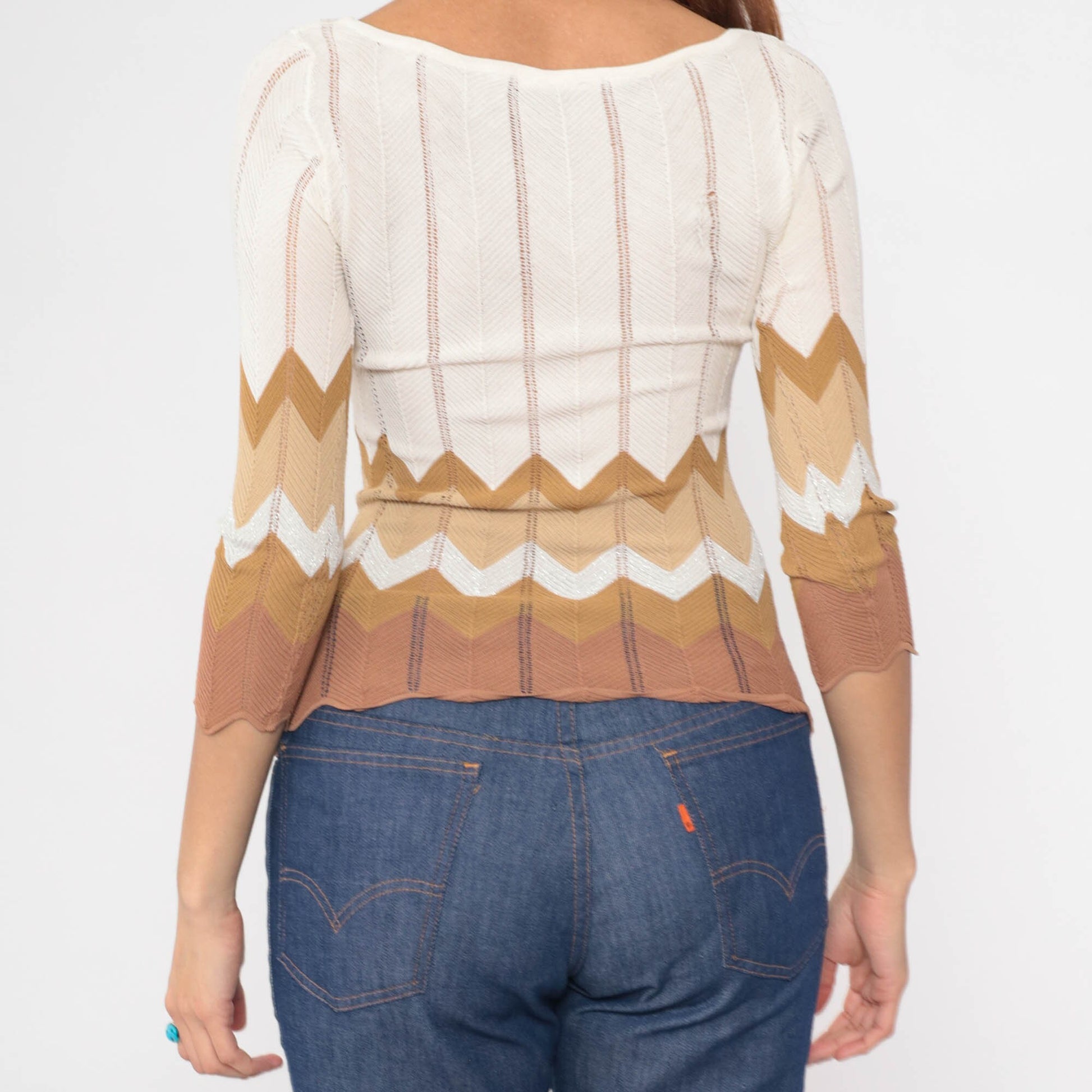 90s Zig Zag Knit Top Striped Scalloped Pointelle Sweater White Brown Small