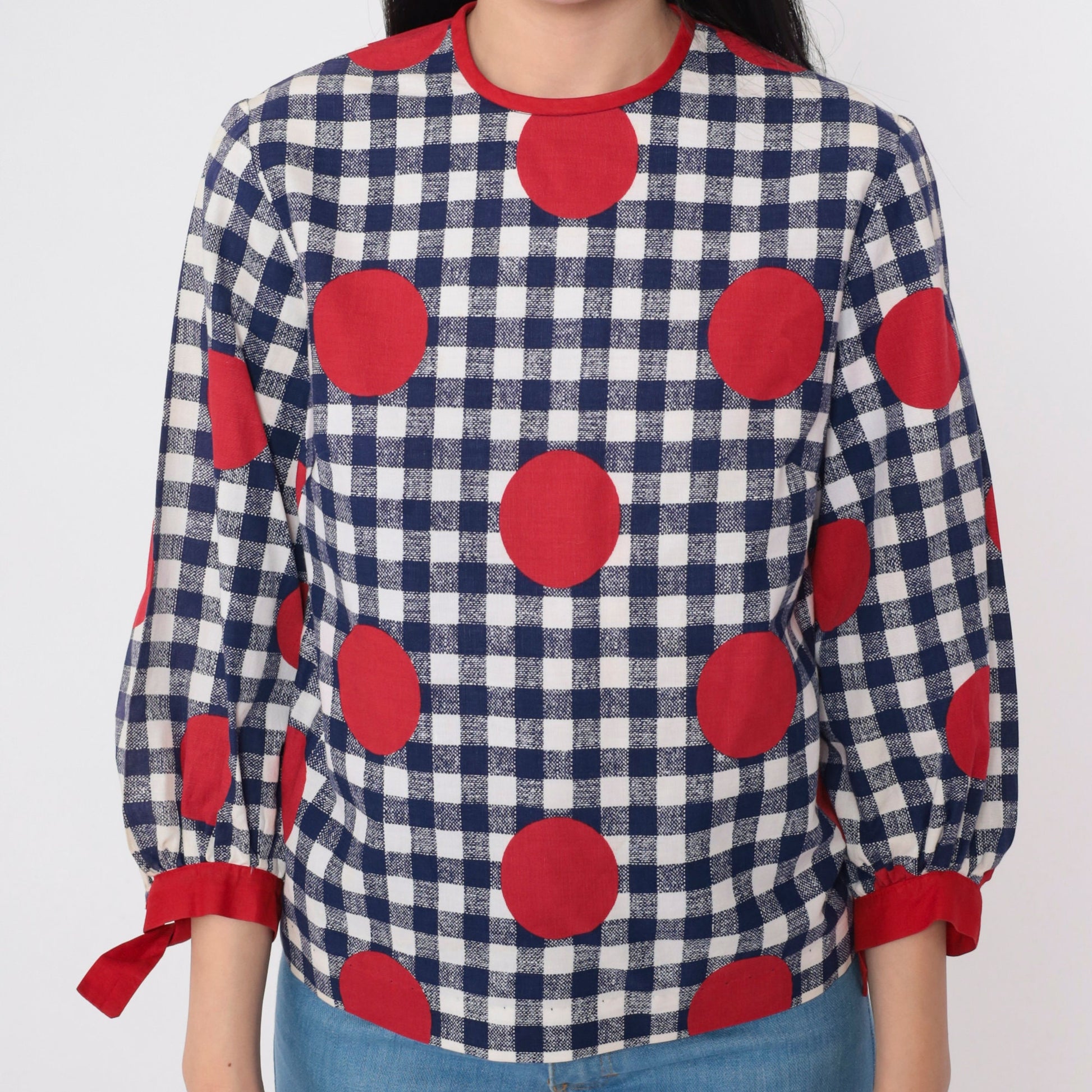 60s Mod Gingham Polka Dot Puff Sleeve Blouse Blue White Red Bow Cuffs Small
