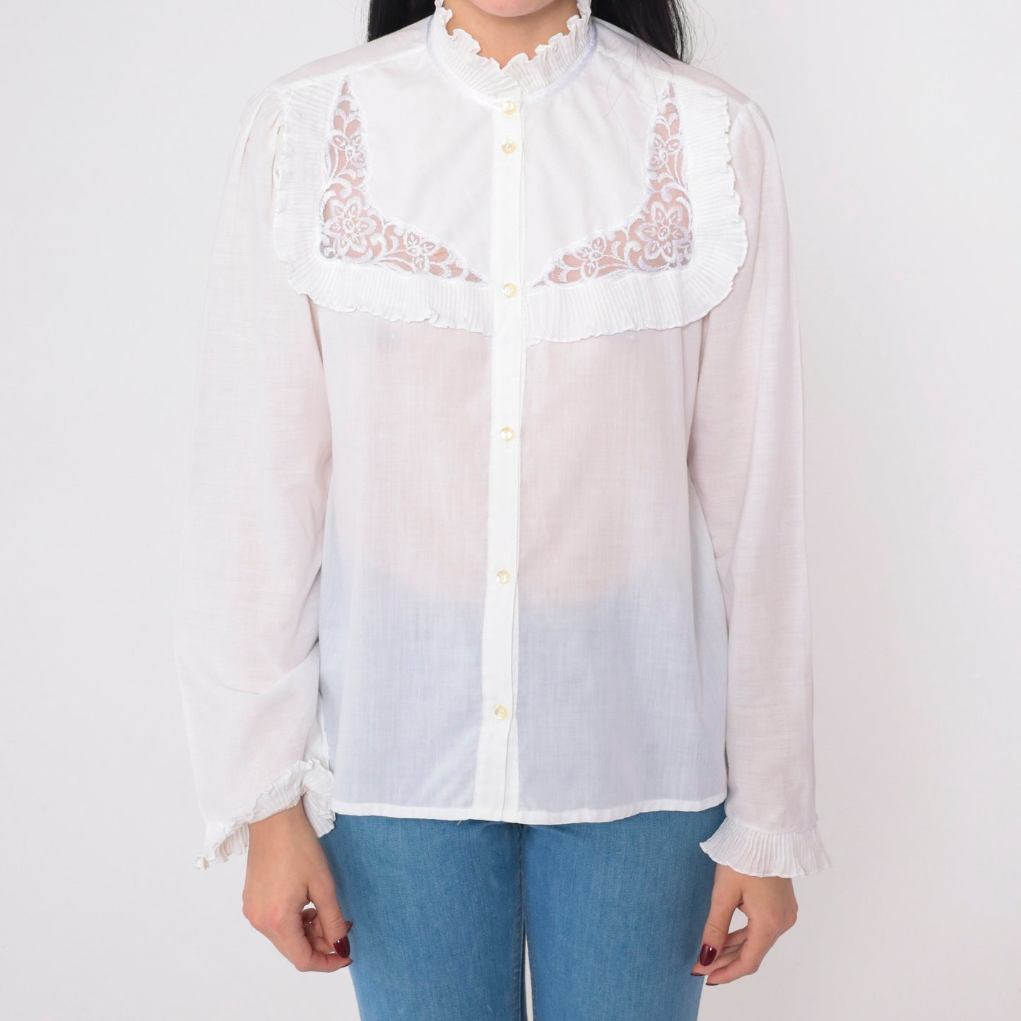 80s White Victorian Blouse Puff Sleeve High Neck Floral Embroidered Small