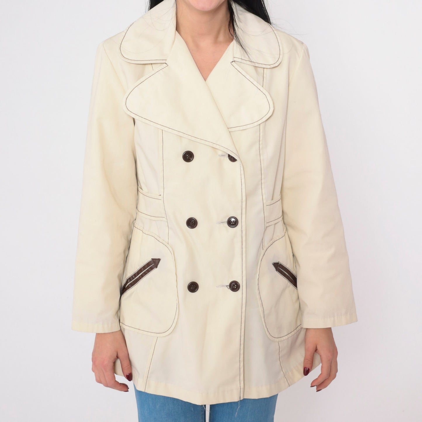 70s Cream Pea Coat Double Breasted Faux Fur Lined Sailor Jacket Extra Small