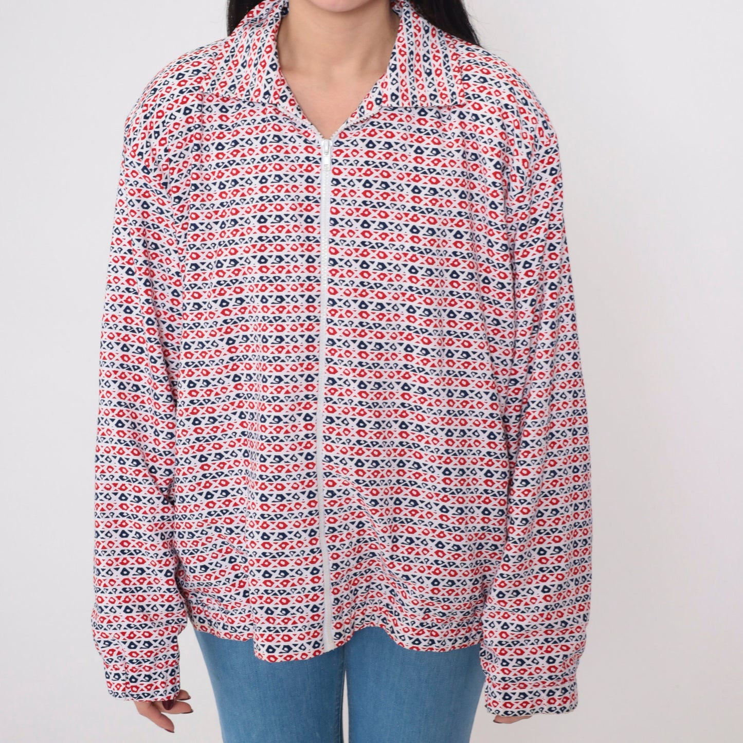 90s Bomber Jacket Red White Blue Abstract Print Zip Up Windbreaker Large L
