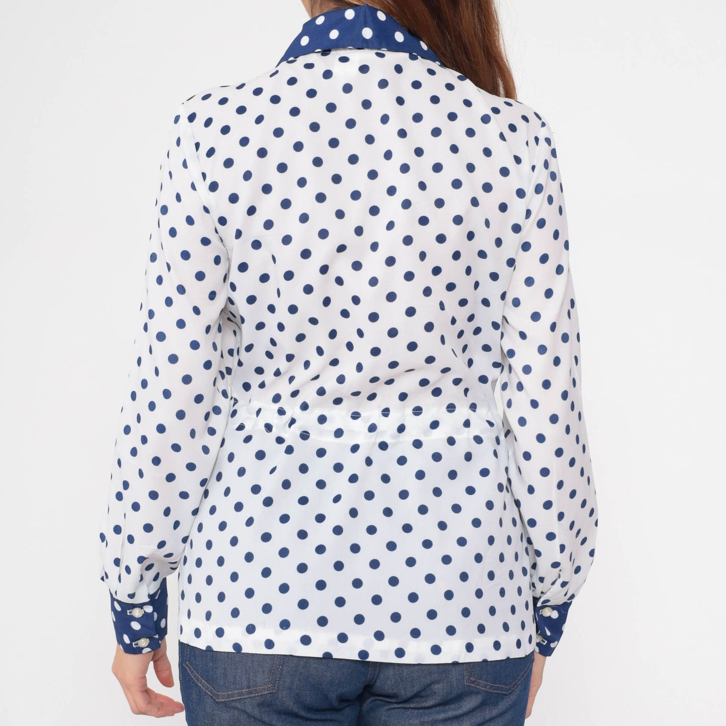 70s Polka Dot Button Up Blouse White Blue Dagger Collar Long Sleeve Medium