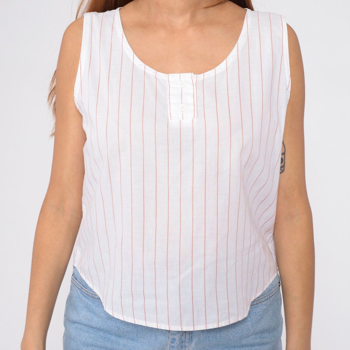 80s Striped Henley Tank Top White Tan Button-Up Scoop Neck Cotton Medium