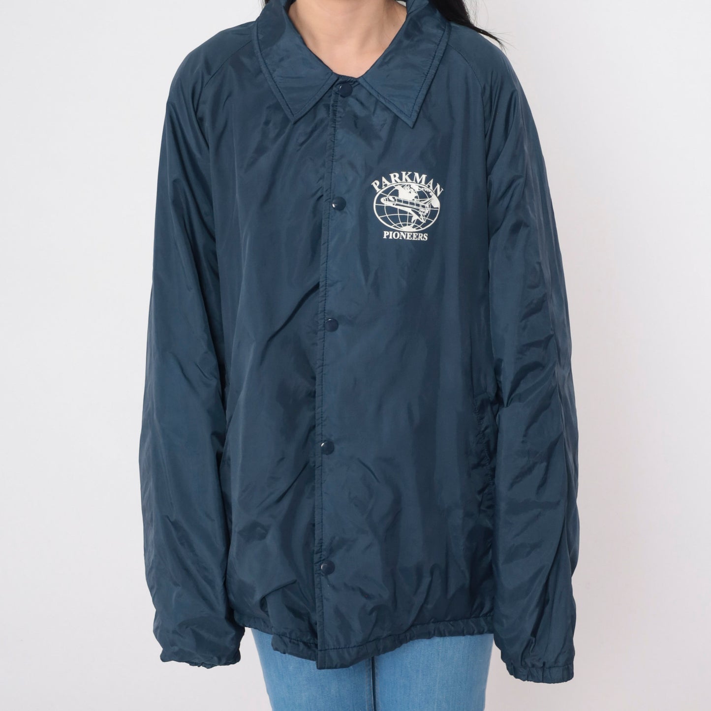 80s Parkman Pioneers Airplane Logo Navy Windbreaker Jacket Extra Large