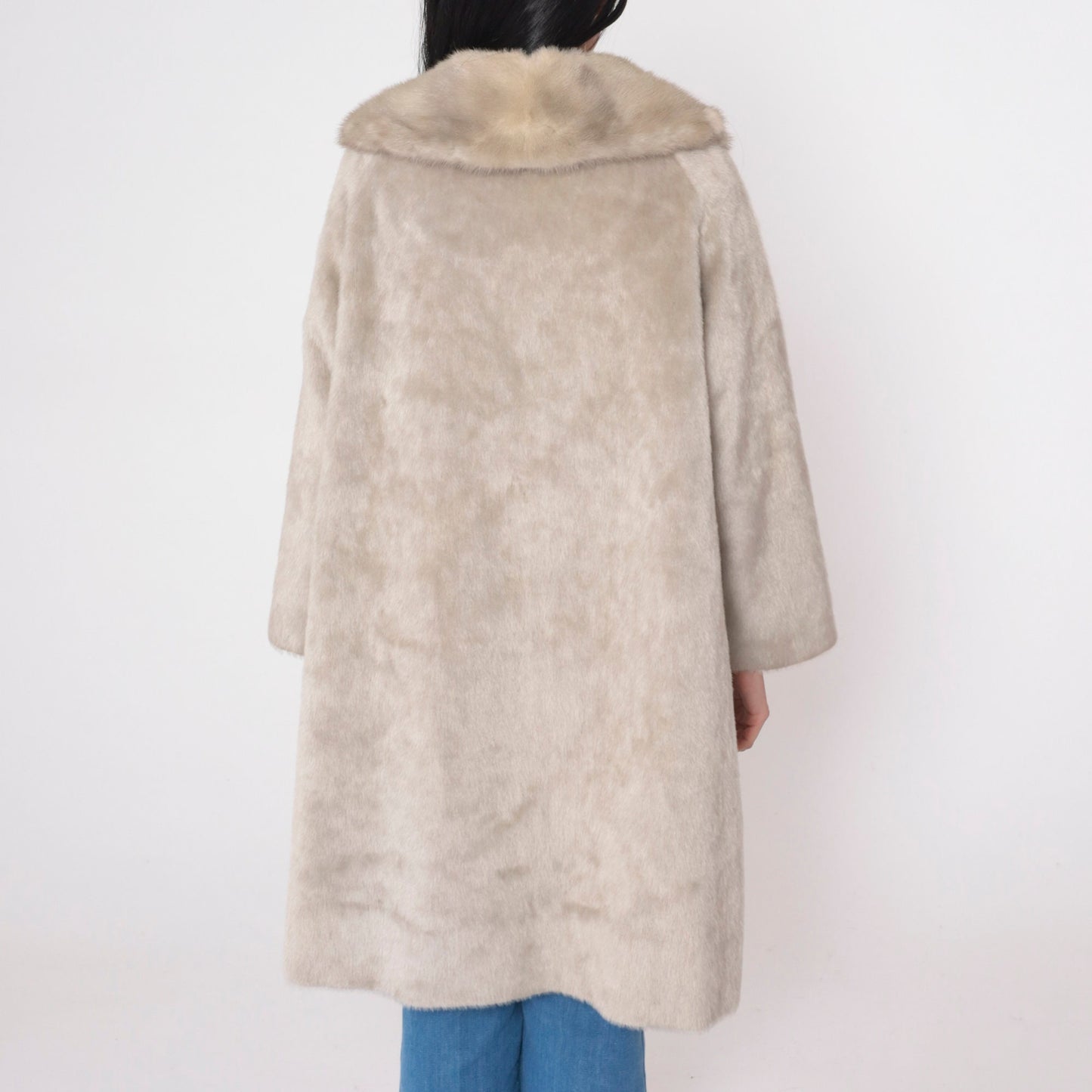 60s Tan Faux Fur Coat Real Fur Collar Button Front Medium