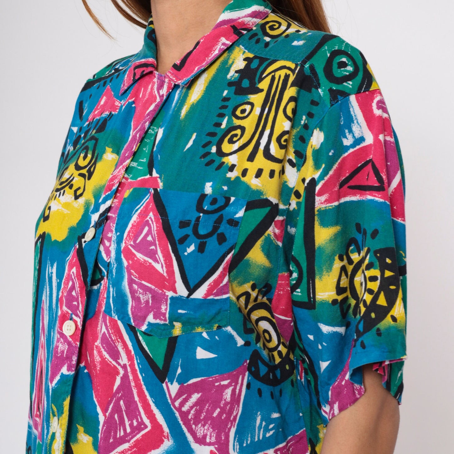 90s Blue Rose Geometric Celestial Print Button Up Shirt Large