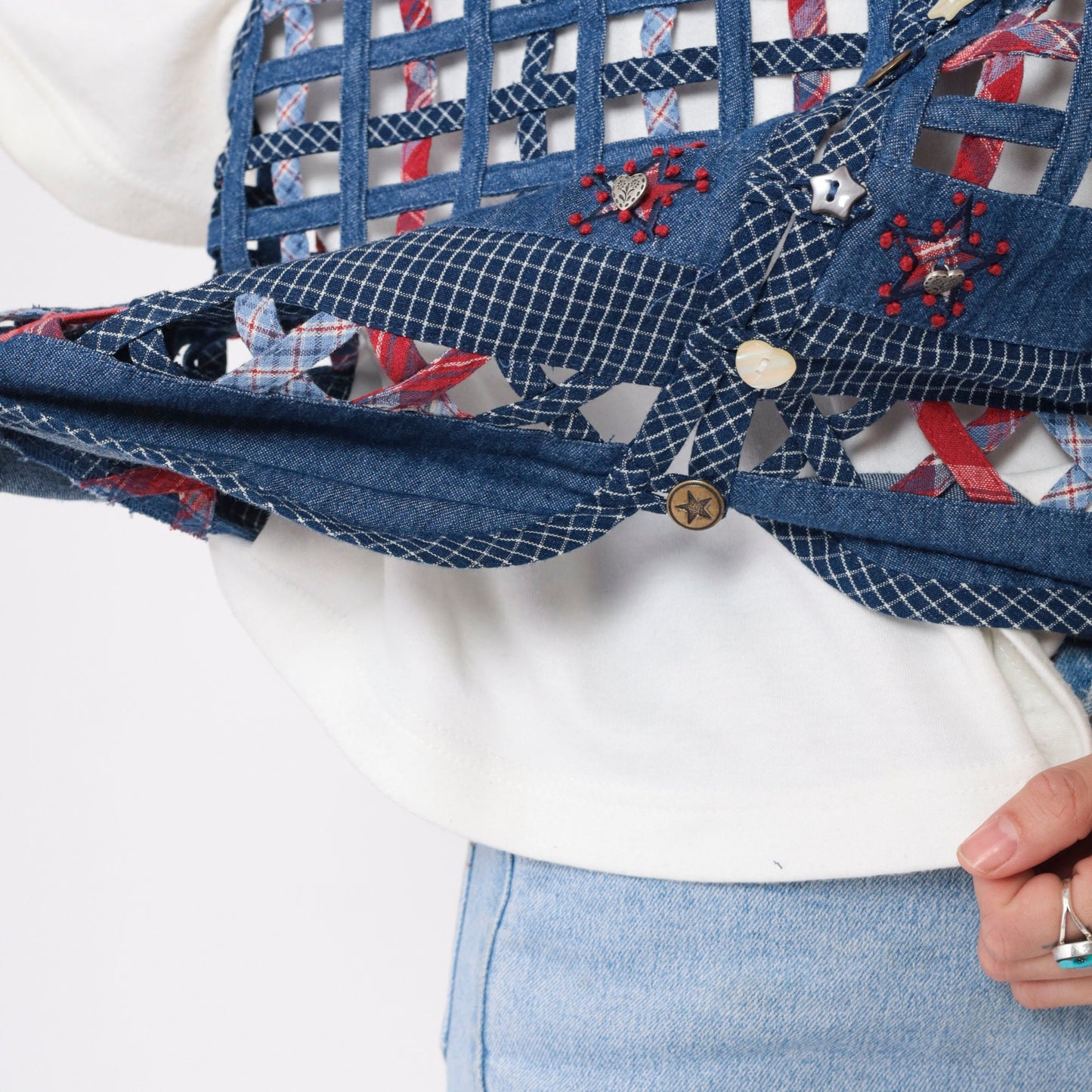 90s Koret City Blues Checkered Vest Blouse White Cotton Button Up Extra Large XXL