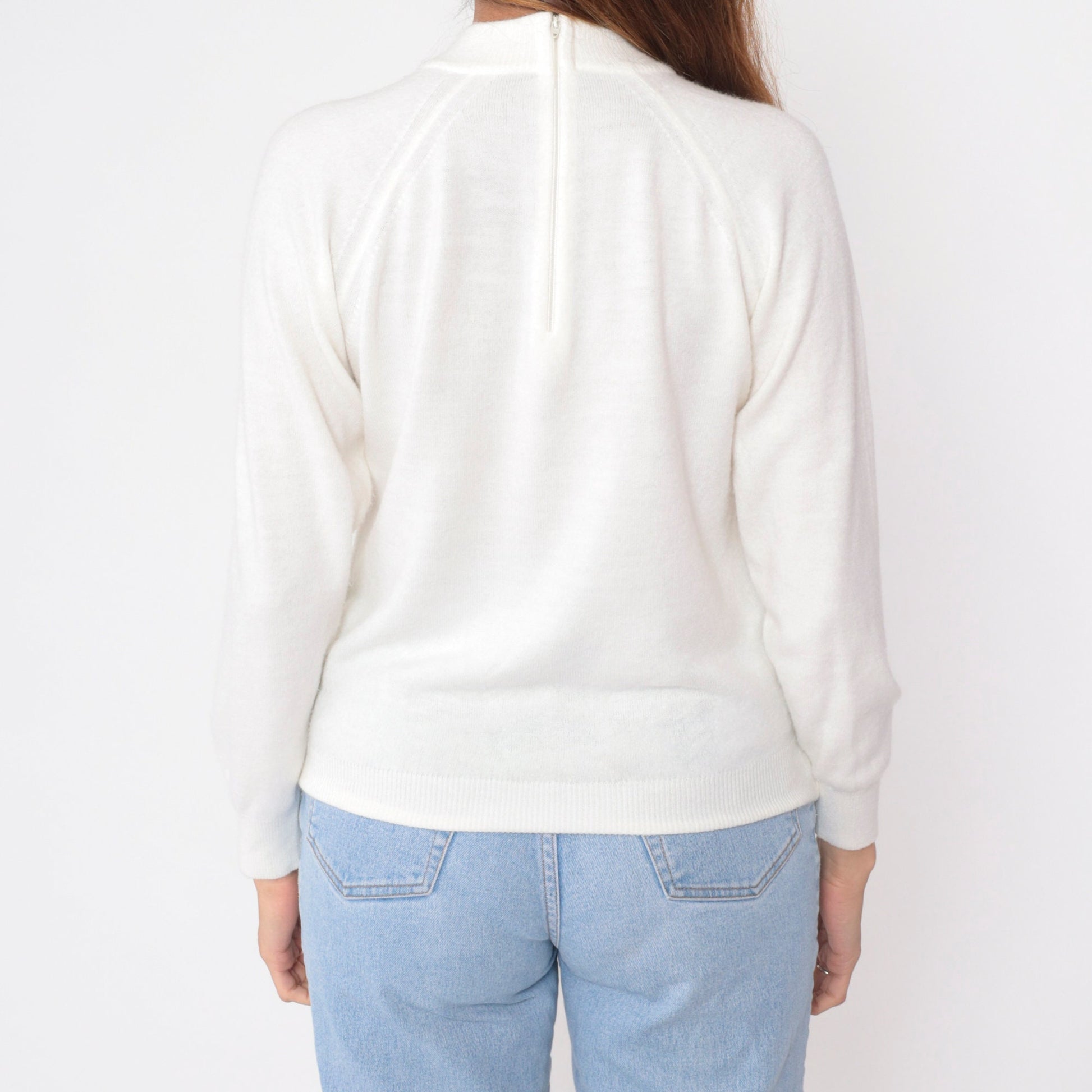 70s White Knit Sweater Mock Neck Raglan Pullover Small